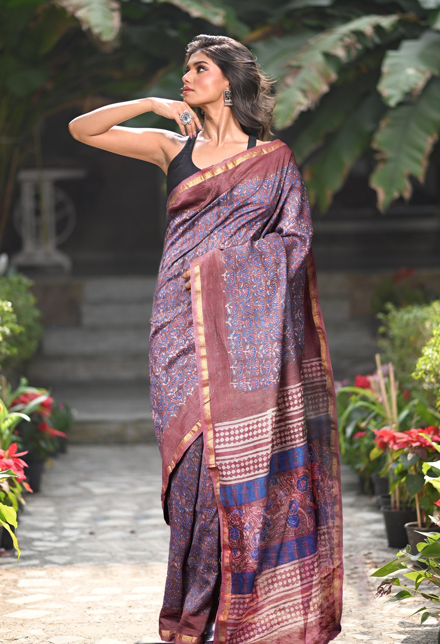 Peach Pink Pure Vanaspathi Block Printed Chanderi Sico Saree-UNM81850