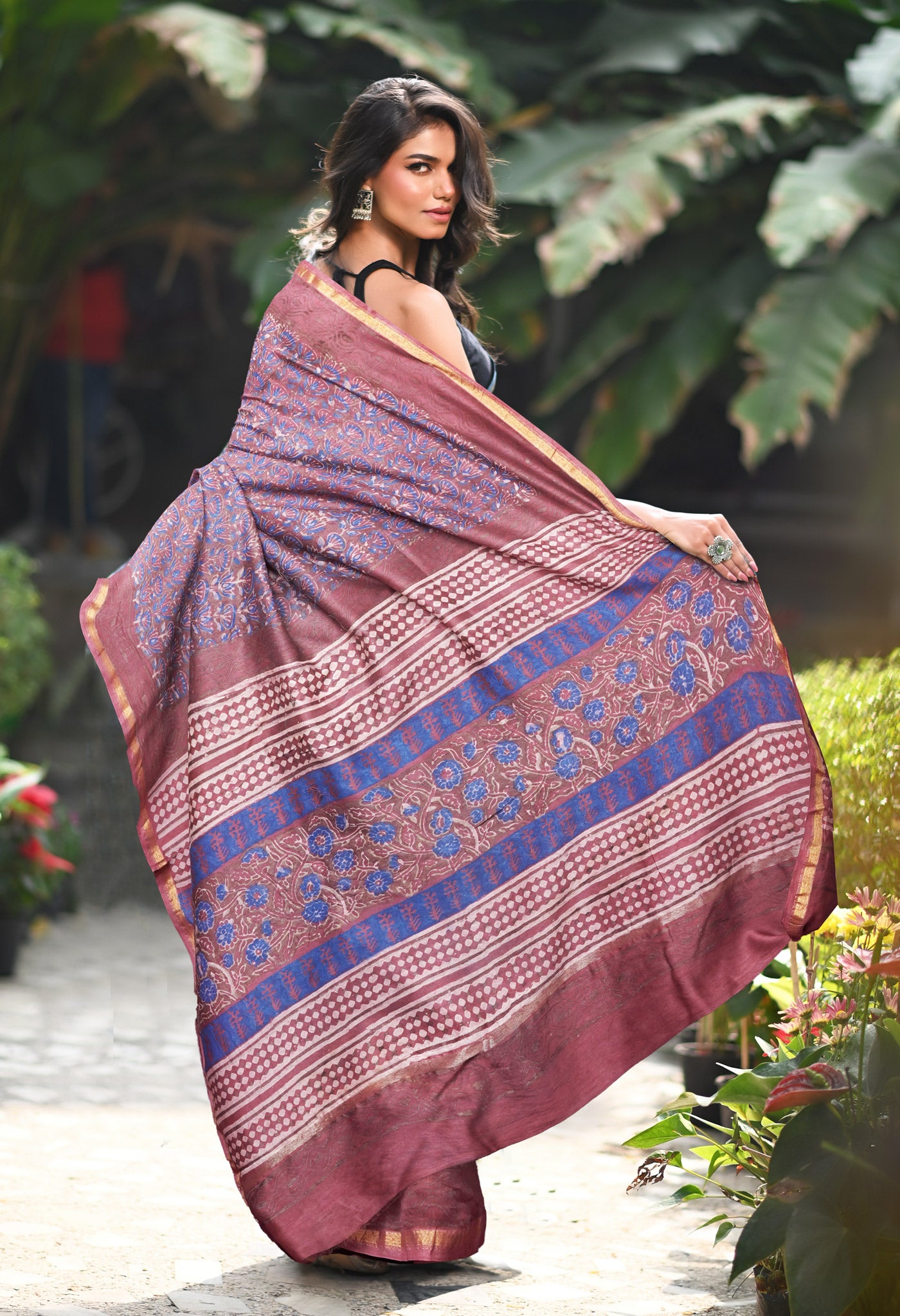 Peach Pink Pure Vanaspathi Block Printed Chanderi Sico Saree-UNM81850