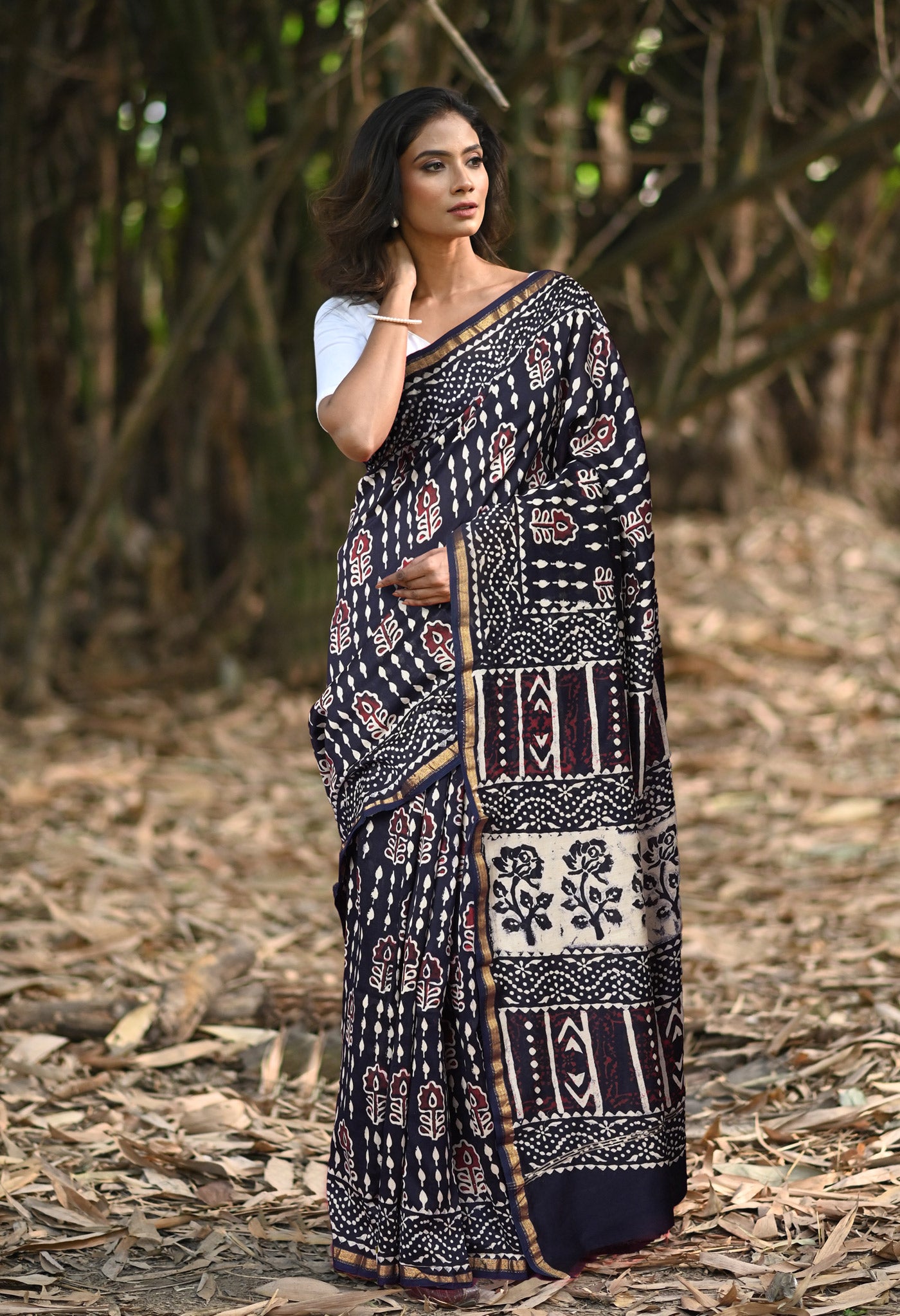 Navy Blue Pure Napthol Block Printed Chanderi Sico Saree-UNM81851