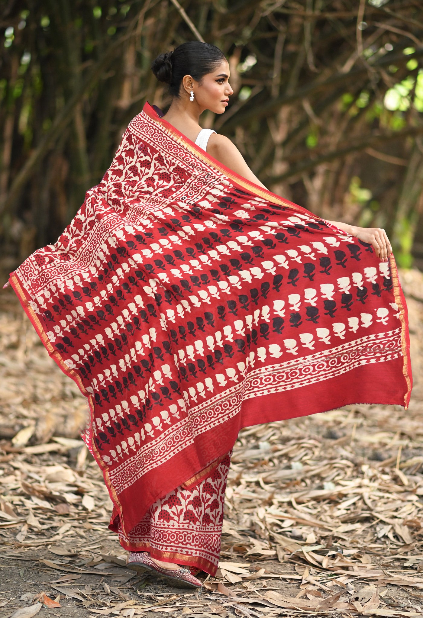 Red Pure Napthol Block Printed Chanderi Sico Saree-UNM81853