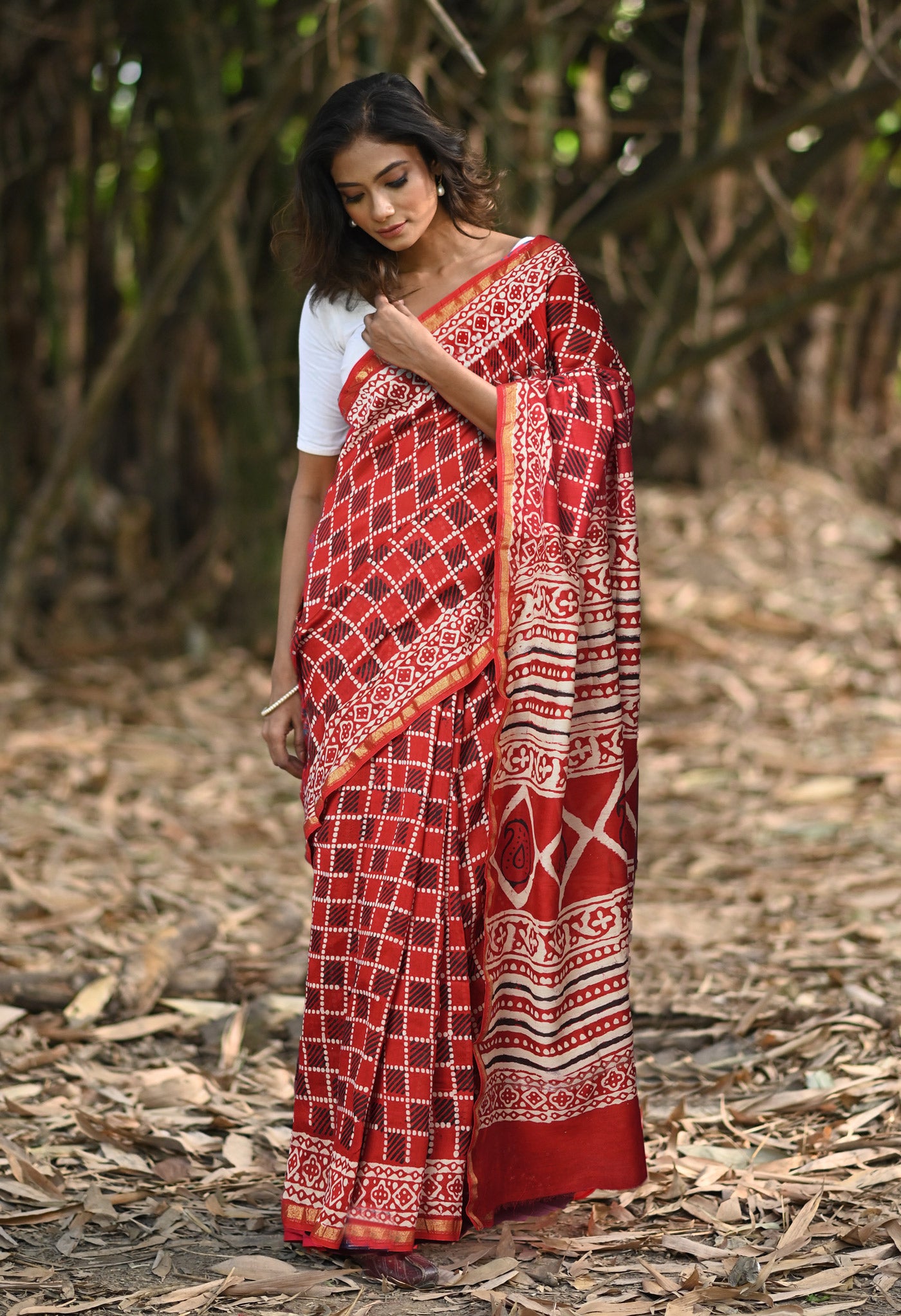 Red Pure Napthol Block Printed Chanderi Sico Saree-UNM81854