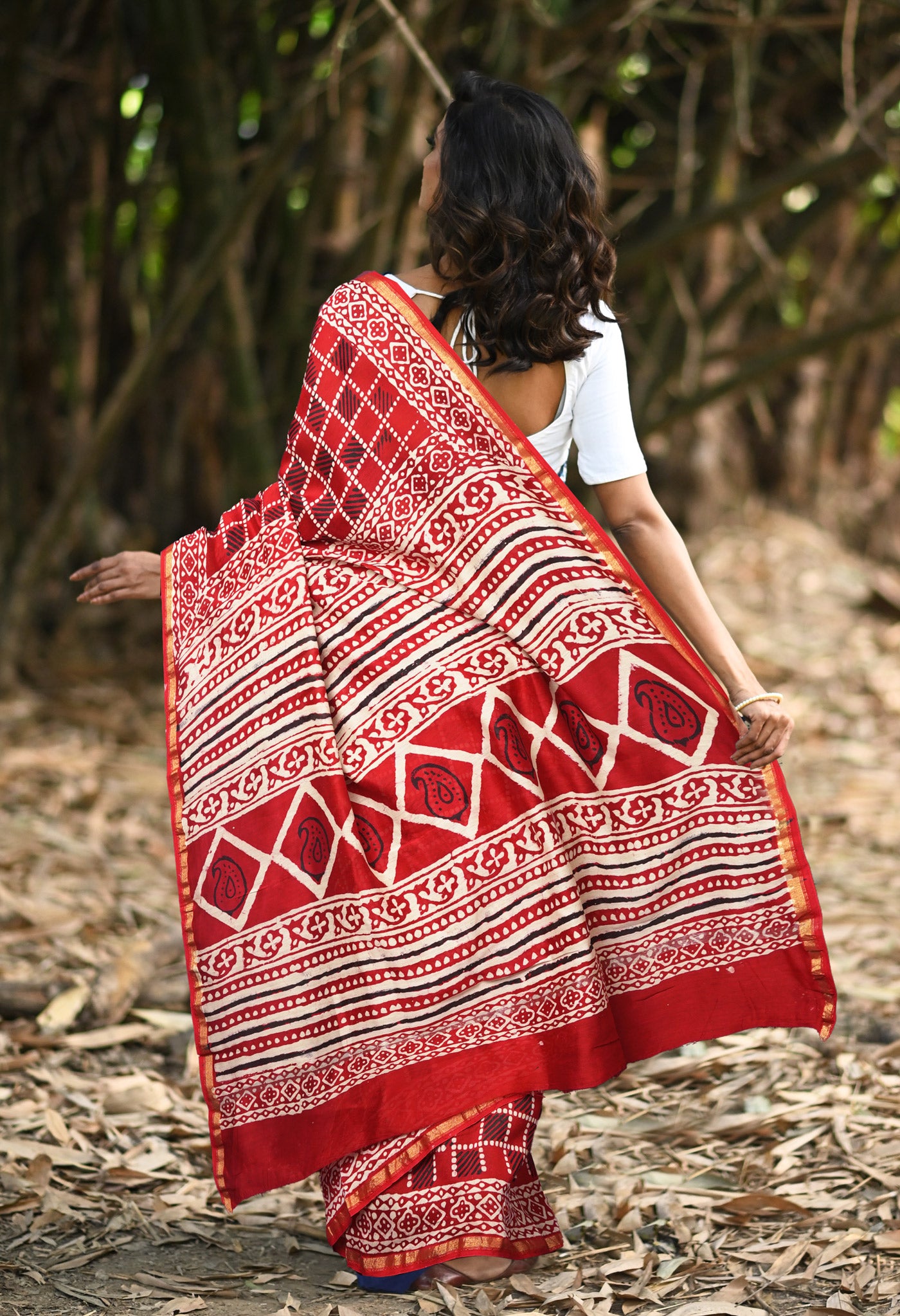 Red Pure Napthol Block Printed Chanderi Sico Saree-UNM81854