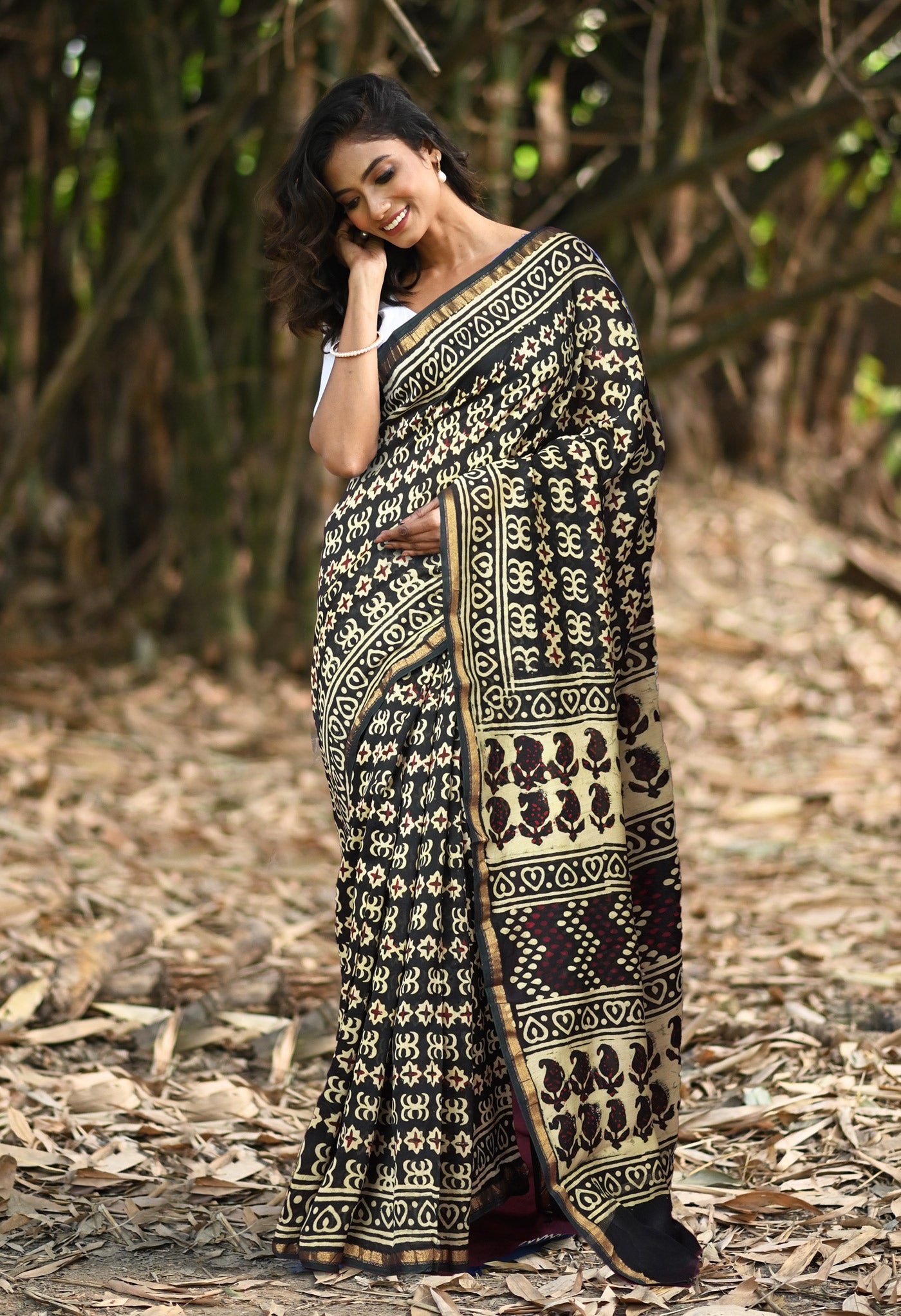 Green Pure Napthol Block Printed Chanderi Sico Saree-UNM81856