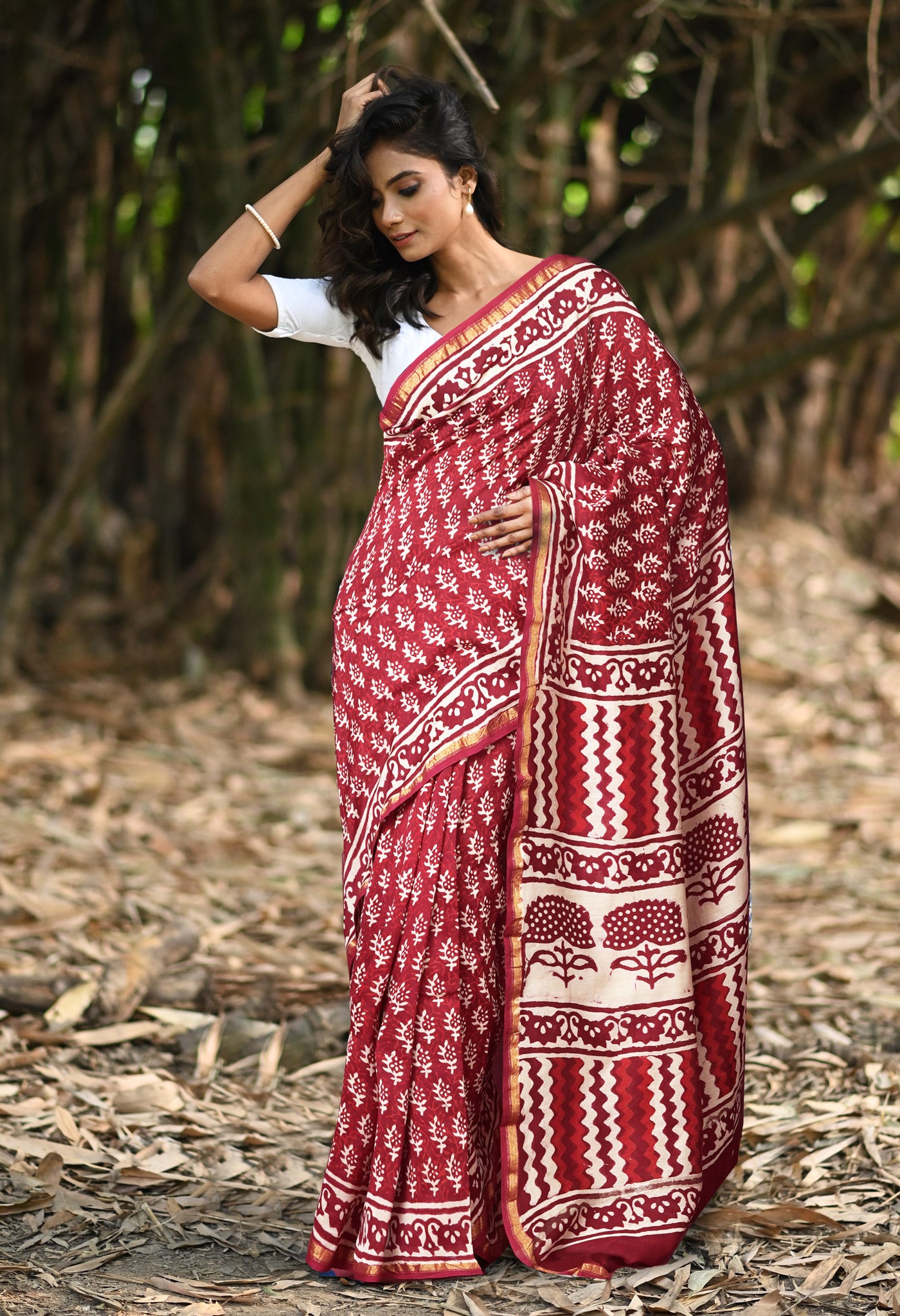 Maroon Pure Napthol Block Printed Chanderi Sico Saree-UNM81857