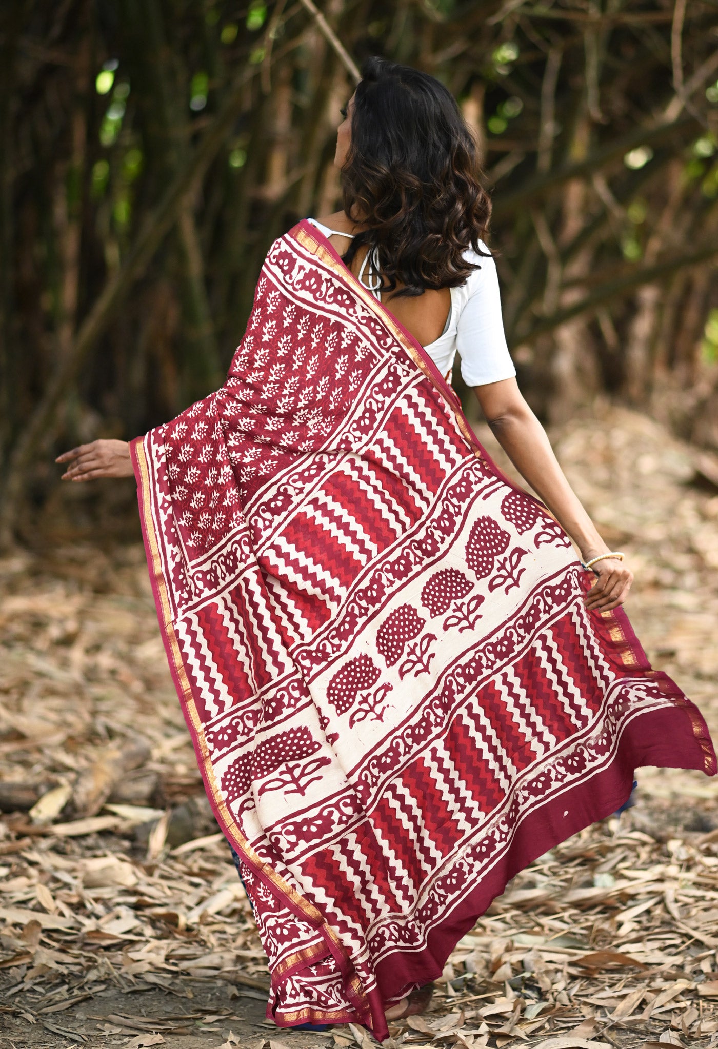 Maroon Pure Napthol Block Printed Chanderi Sico Saree-UNM81857