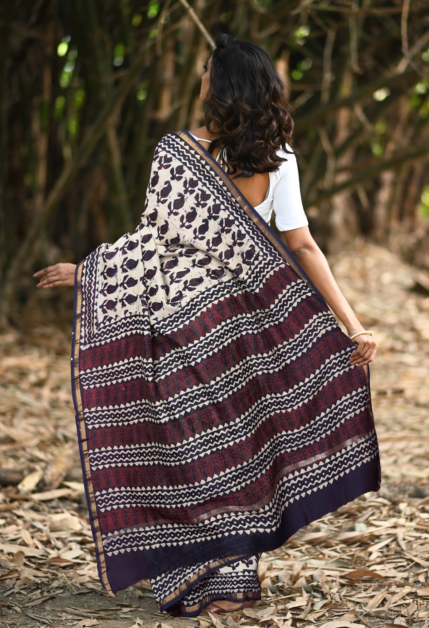 Ivory-Navy Blue Pure Napthol Block Printed Chanderi Sico Saree-UNM81858