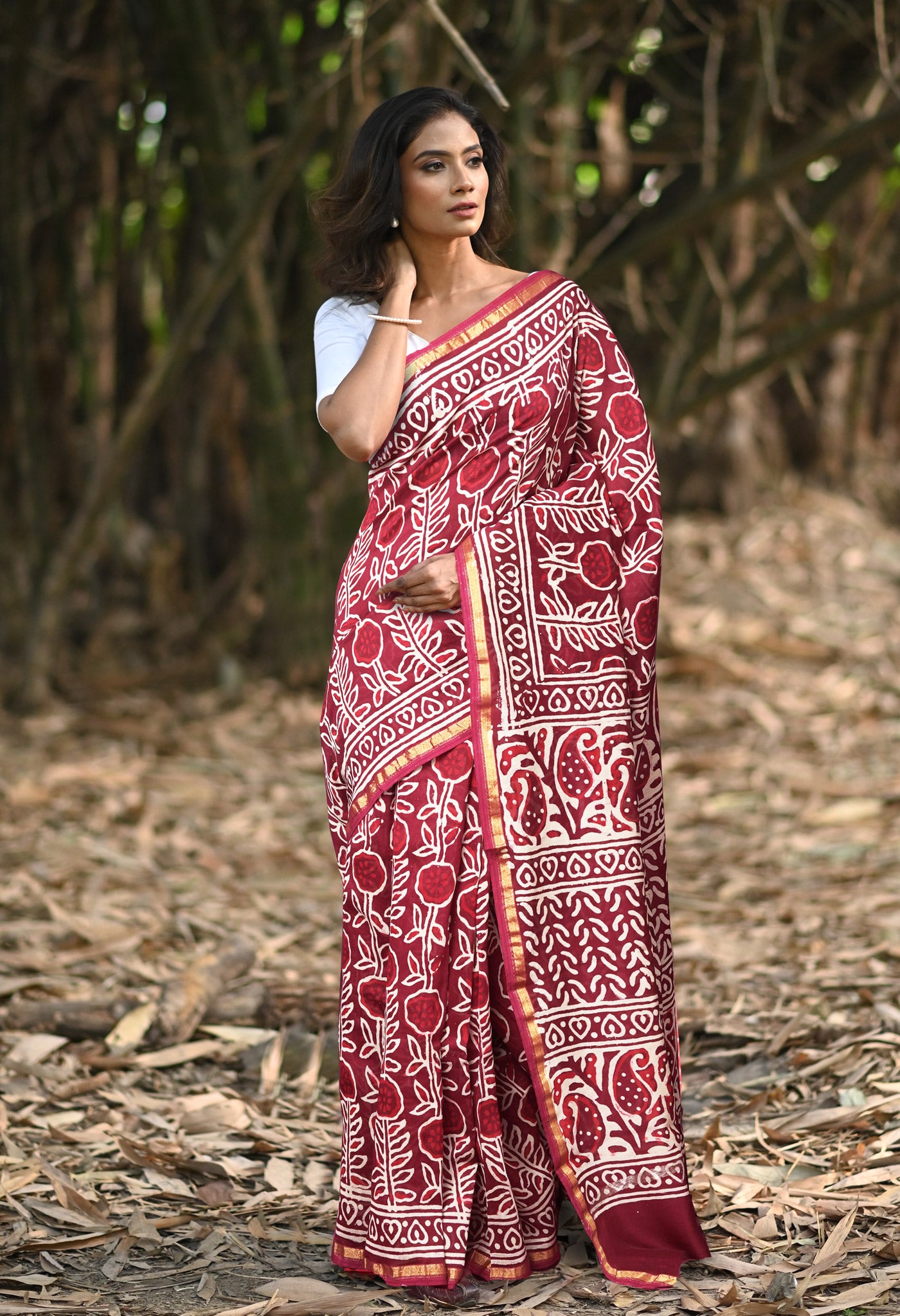 Maroon Pure Napthol Block Printed Chanderi Sico Saree-UNM81860