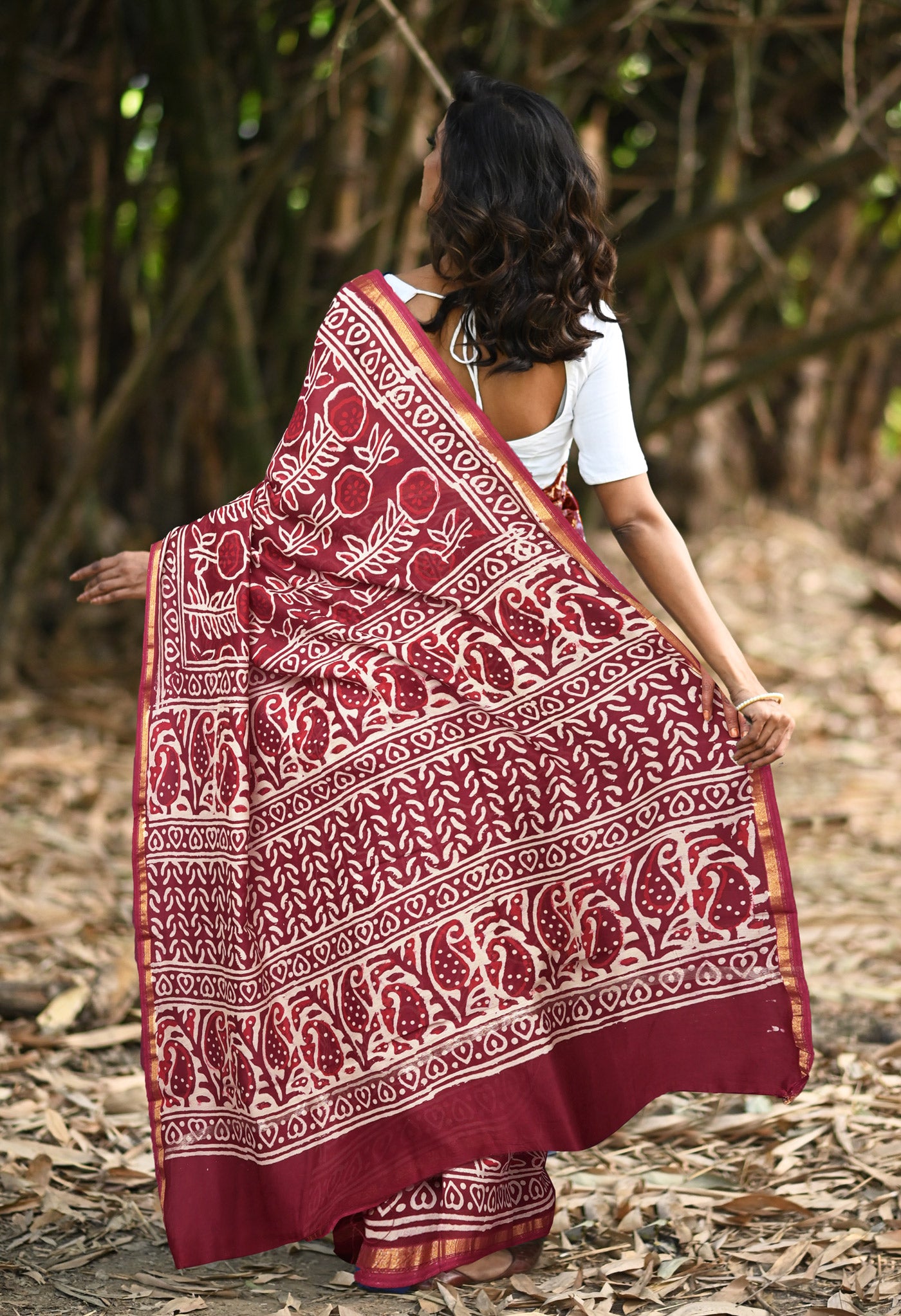 Maroon Pure Napthol Block Printed Chanderi Sico Saree-UNM81860