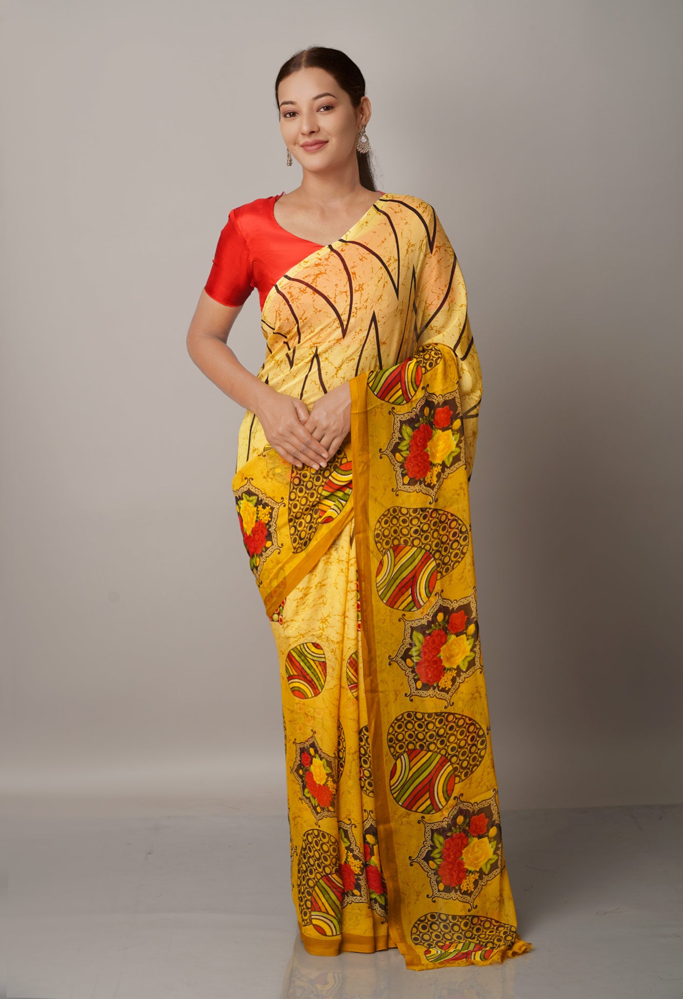 Yellow  Fancy Block Printed Georgette Saree-UNM66872