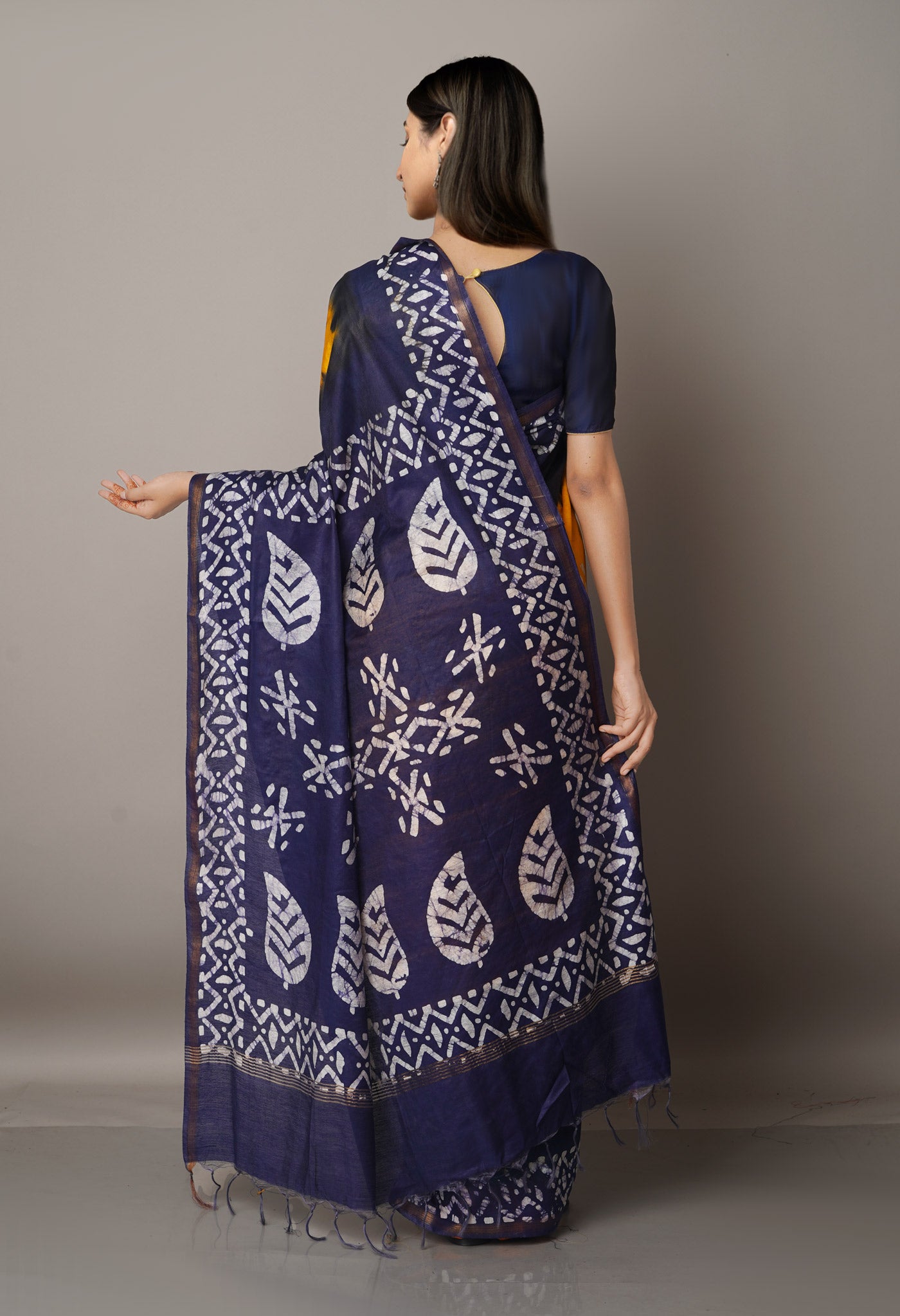 YellowNavy Blue Pure Batik Chanderi  Silk Saree-UNM67254