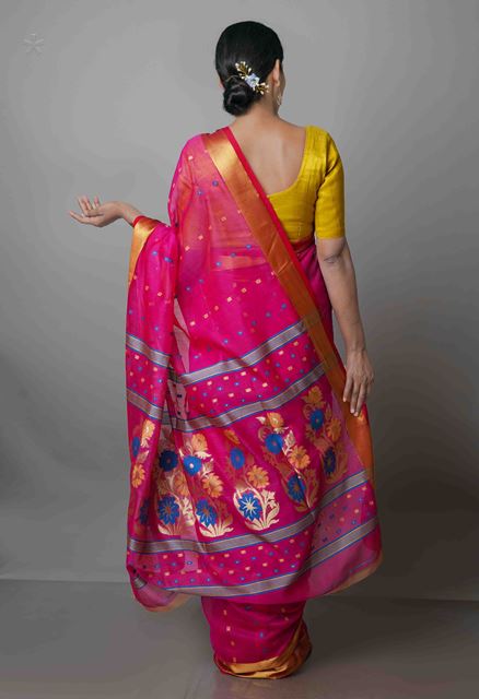 Pink Pure Handloom Dhakai Jamdhani Cotton Silk Saree