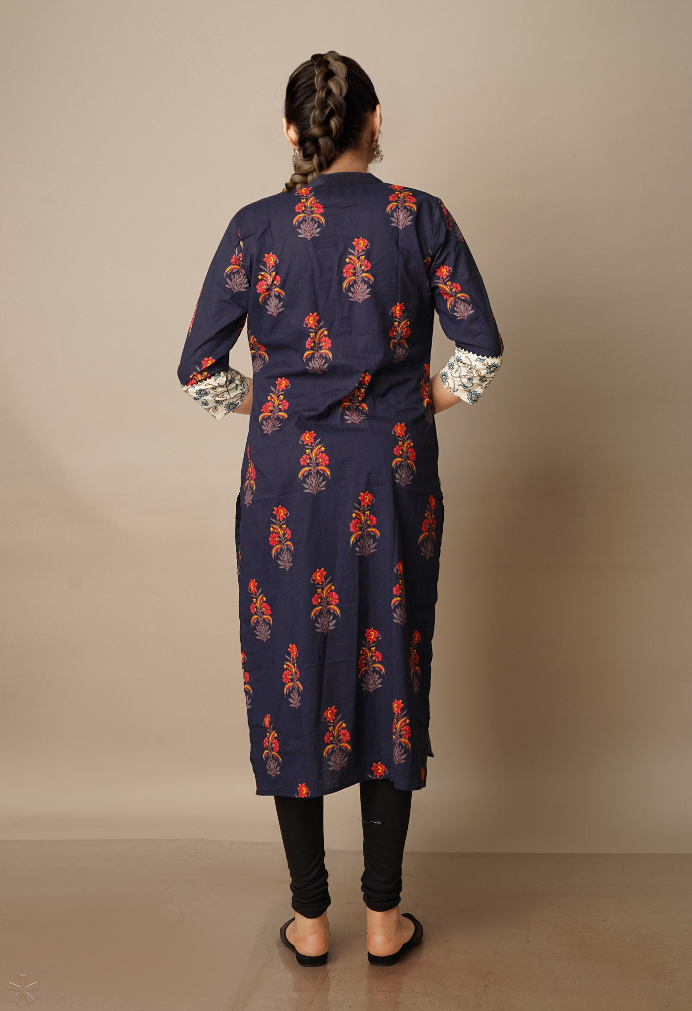 Dark Navy Blue Pure Bagru Floral Cotton Kurta-PKK1909