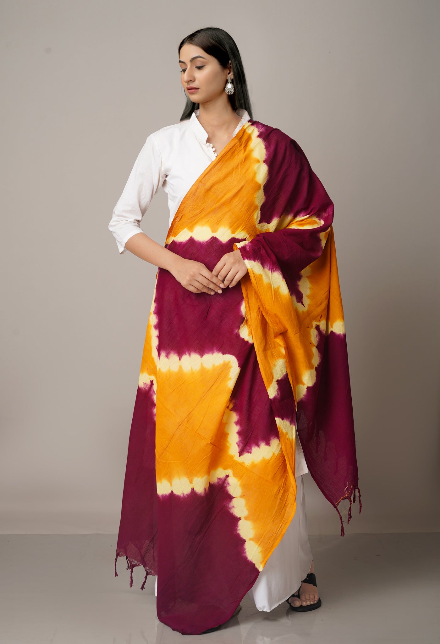 Brown-Dark Purple Pure Tie- Dye Shibori Cotton Dupatta-UDS3663