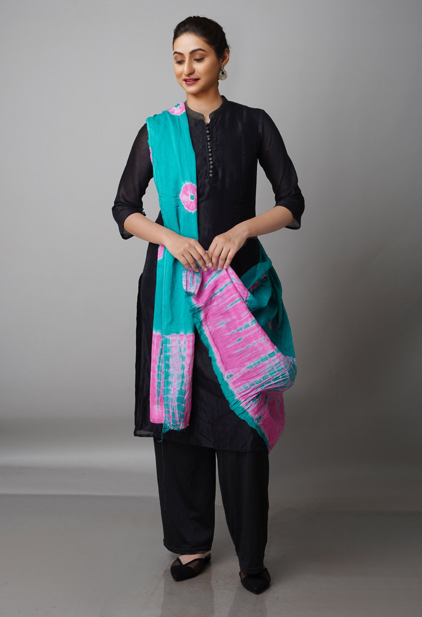 Green Pure Tie- Dye Shibori Cotton Dupatta-UDS3760