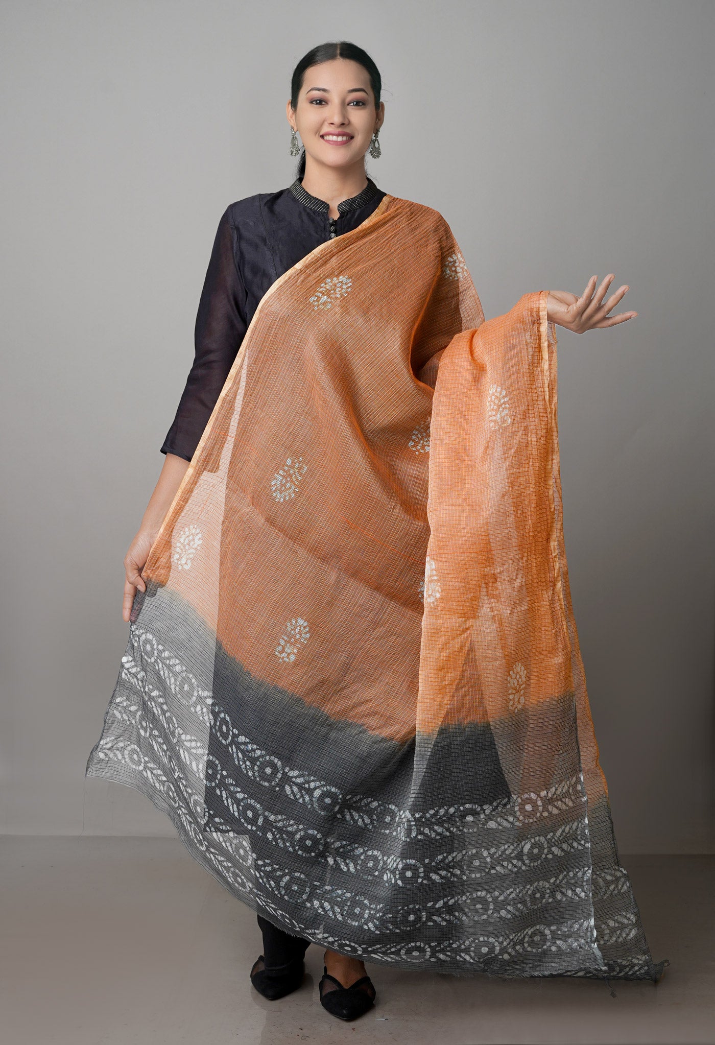 Brown-Grey Pure Wax Batik Kota Cotton Dupatta-UDS3821