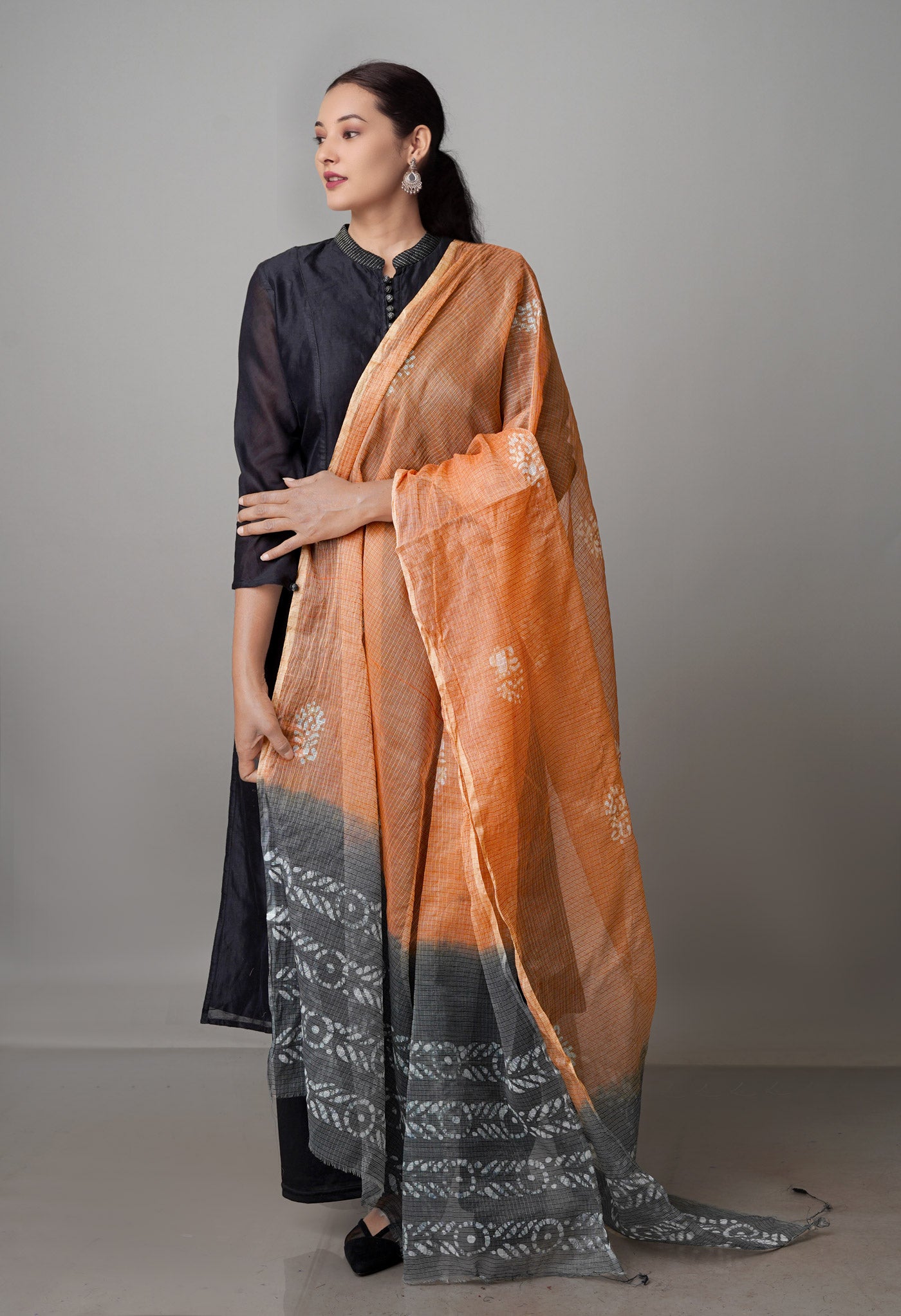 Brown-Grey Pure Wax Batik Kota Cotton Dupatta-UDS3821