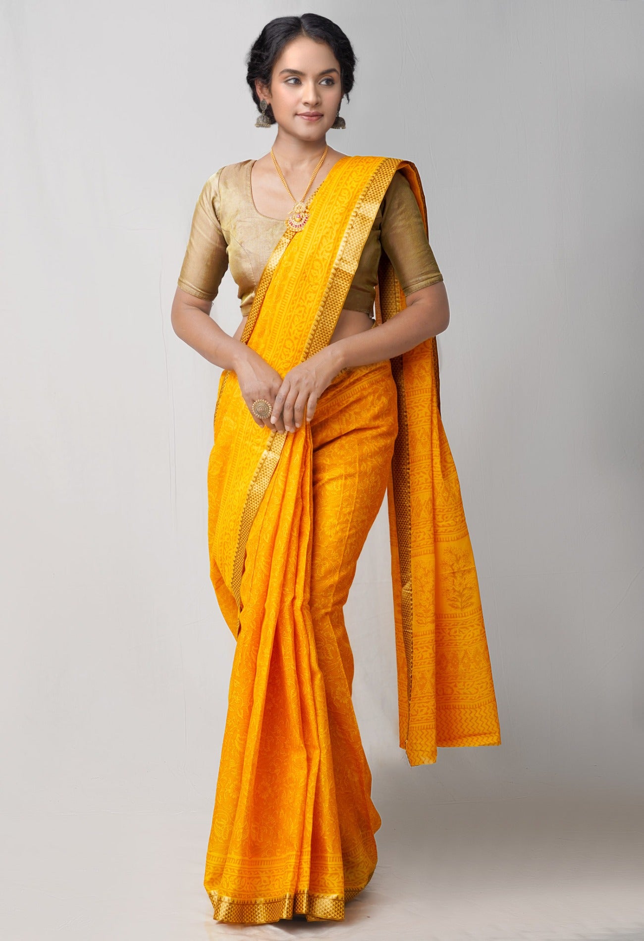 Yellow  Mulmul Cotton Saree-UNM62125