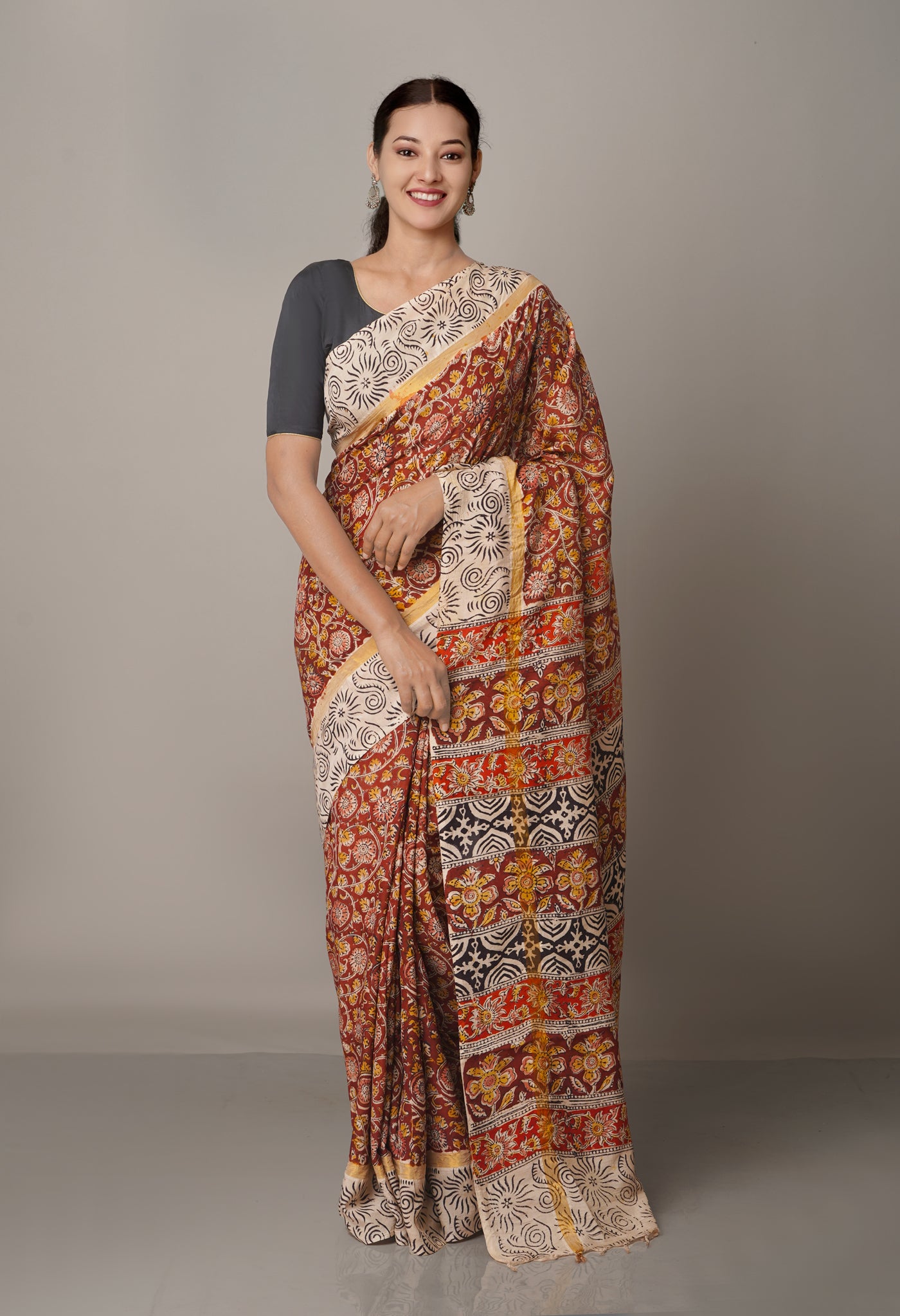 Multi Pure  Kalamkari Block printed Silk Saree-UNM62261