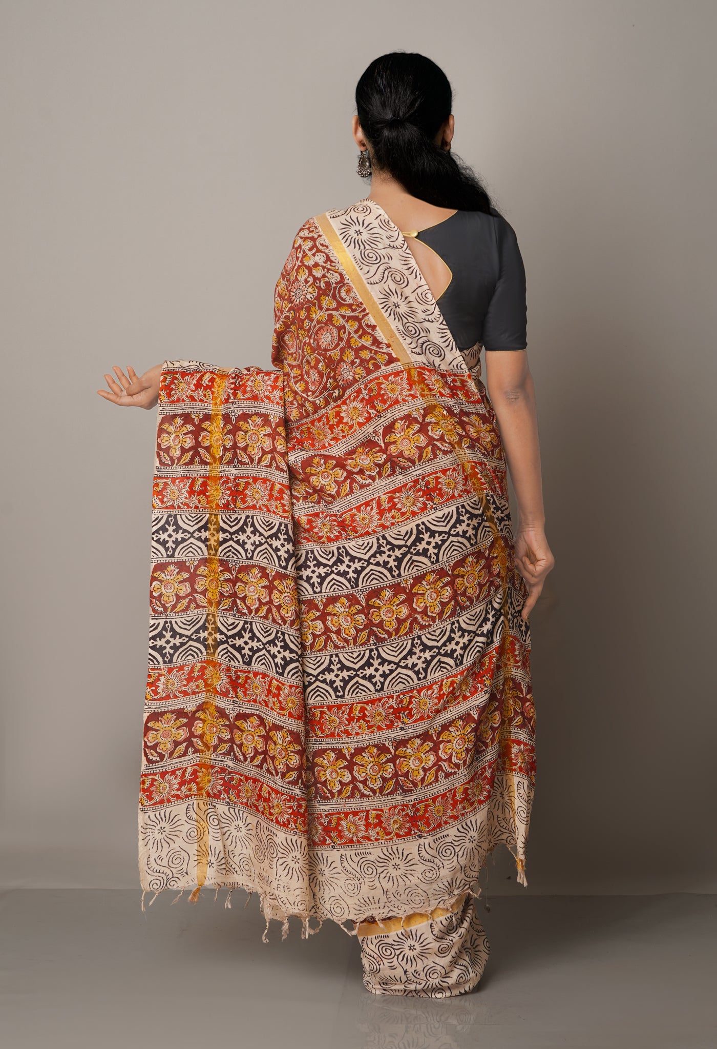 Multi Pure  Kalamkari Block printed Silk Saree-UNM62261