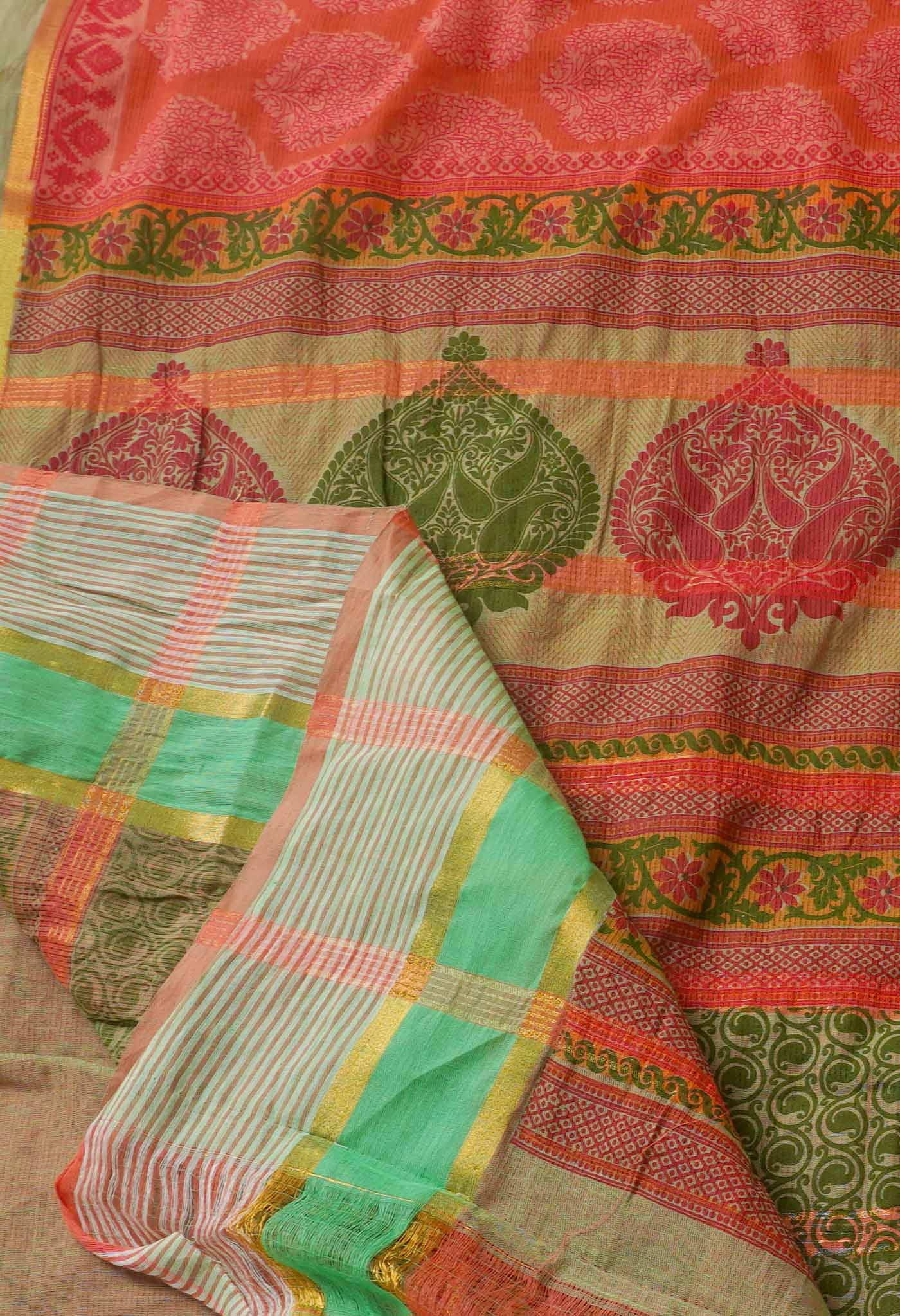 Orange Pure Hand Block Printed Mangalgiri Cotton Saree-UNM65318