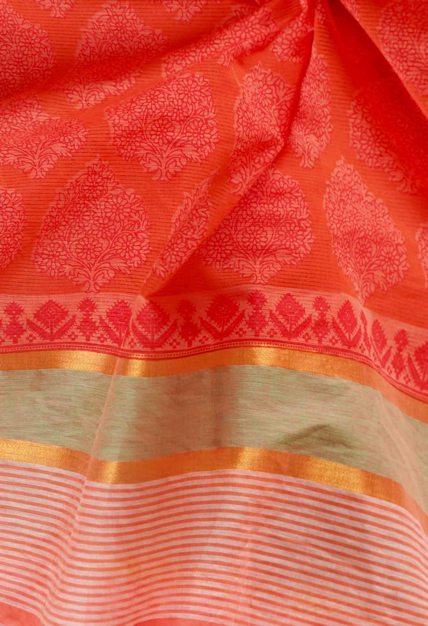 Orange Pure Hand Block Printed Mangalgiri Cotton Saree-UNM65318