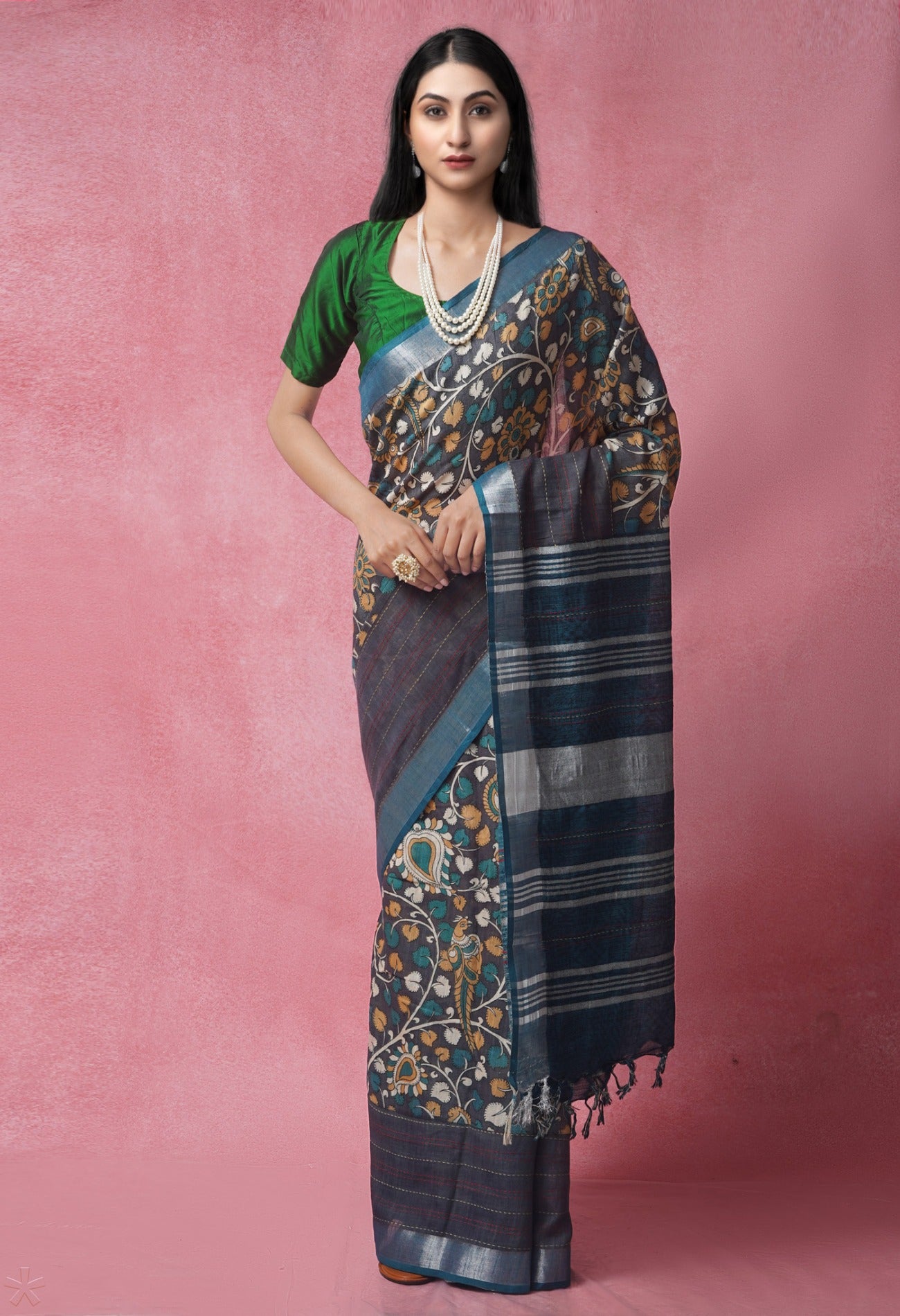 ATTRACATIVE KALAMKARI DEVI DIGITAL PRINTED LINEN SAREE – svaracollection