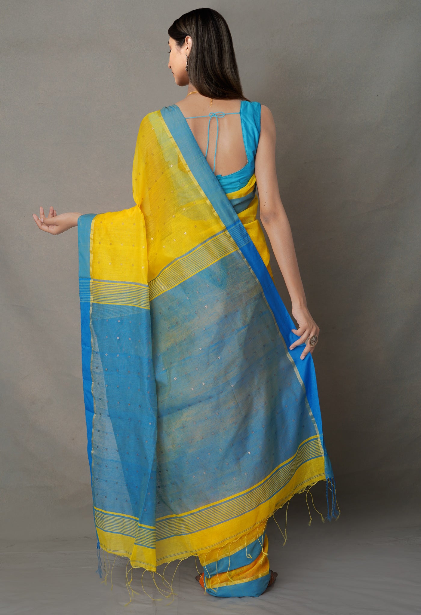 Yellow  Embroidery   Linen Saree-UNM64430