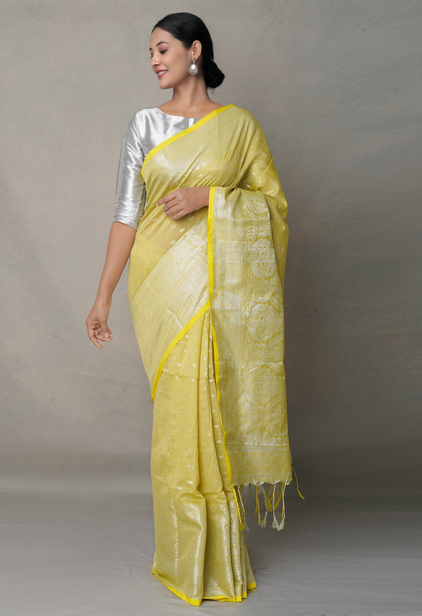 Yellow Pure  Handloom Dhakai Jamdhani Cotton Silk Saree-UNM64958