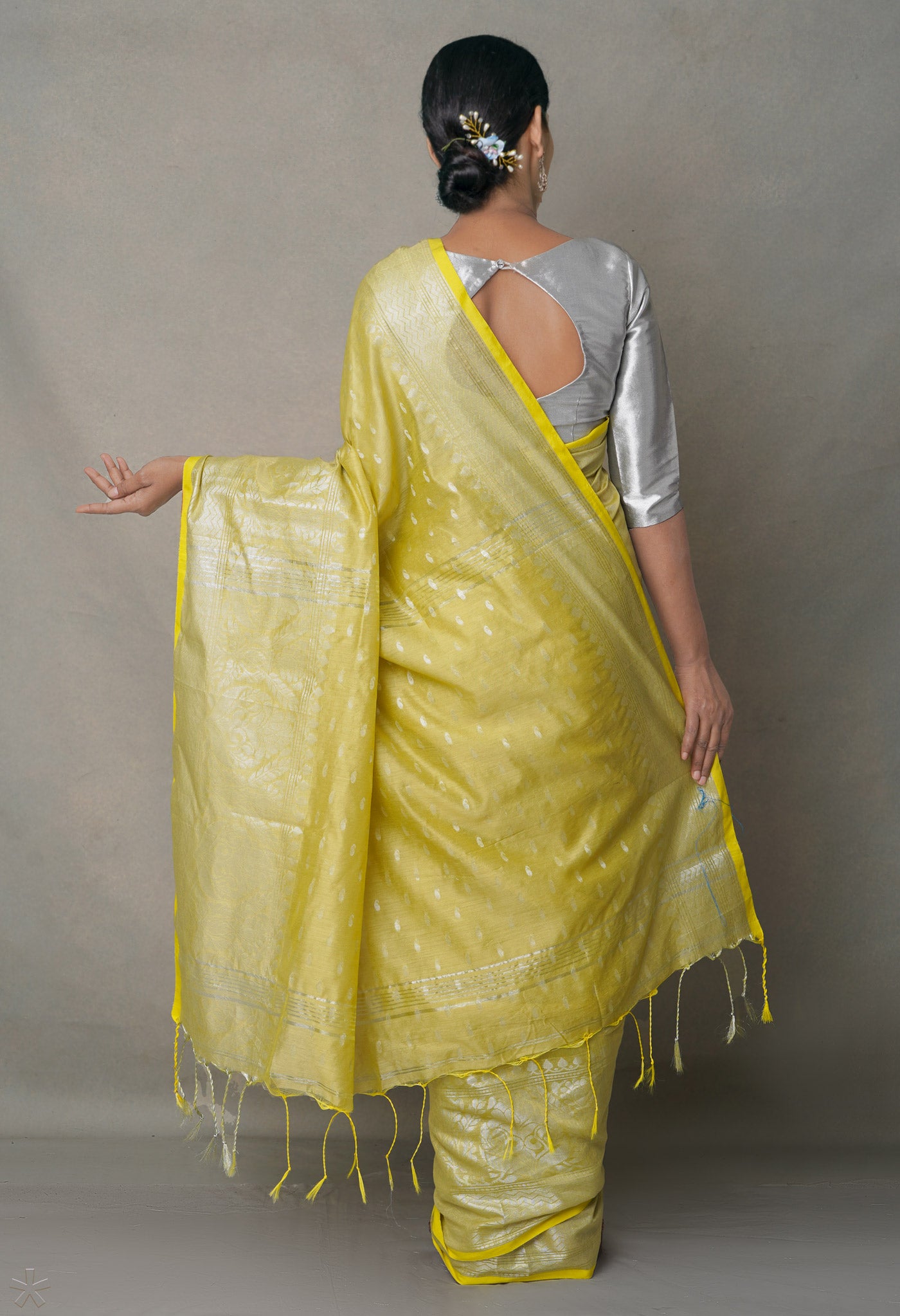 Yellow Pure  Handloom Dhakai Jamdhani Cotton Silk Saree-UNM64958