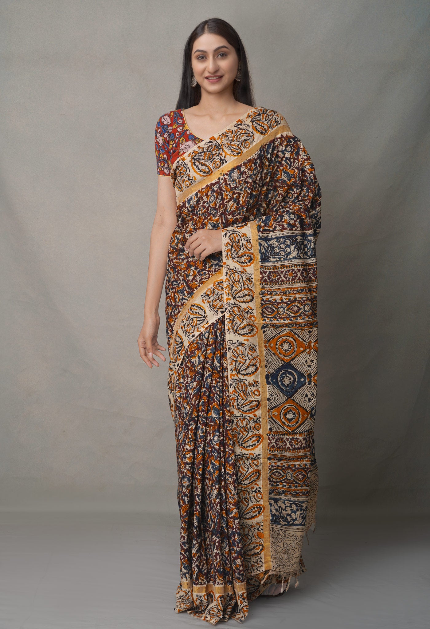 Multi Pure Kalamkari Block Printed  Silk Saree