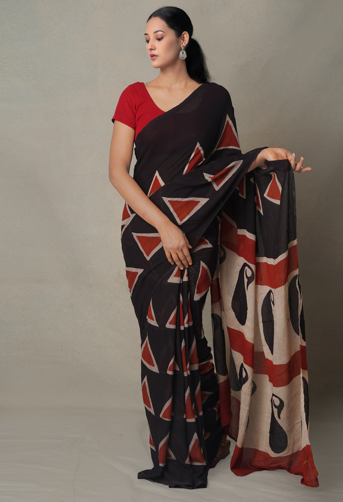 Black Pure Preet Bagru Mulmul Cotton Saree-UNM65085