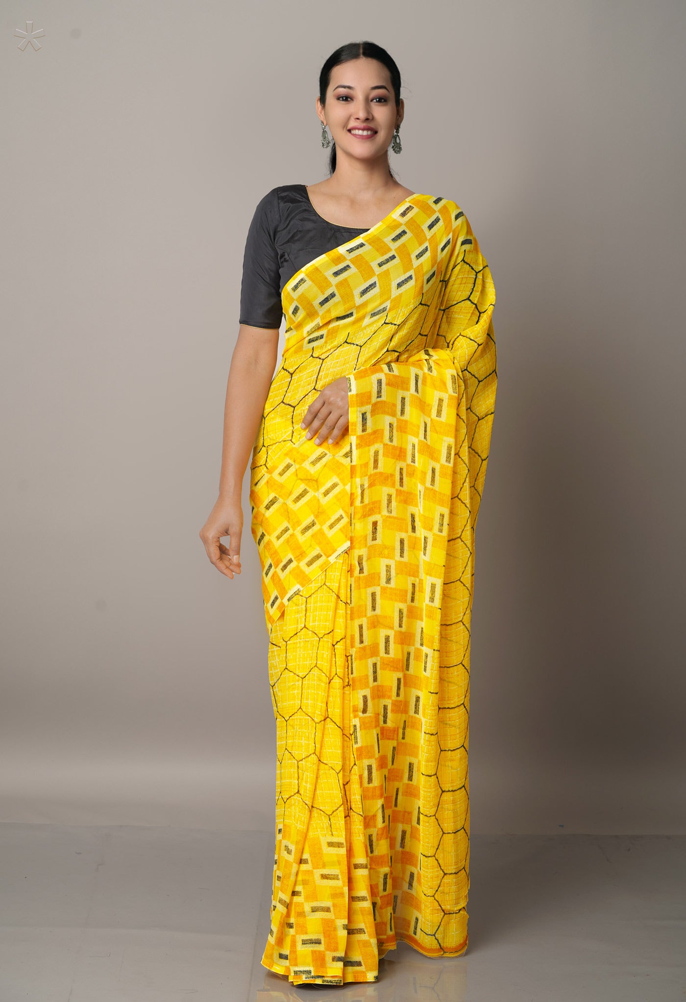 Yellow  Fancy Block Printed Georgette Saree-UNM66879