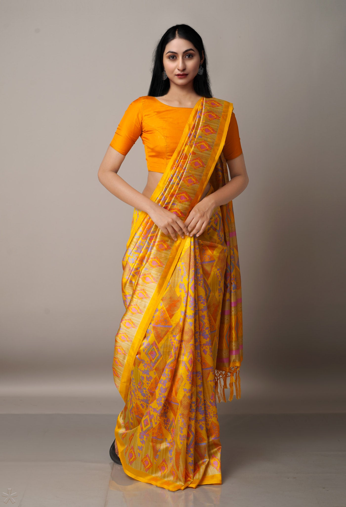 Yellow  Fancy Block Printed  Art Silk  Saree-UNM67351