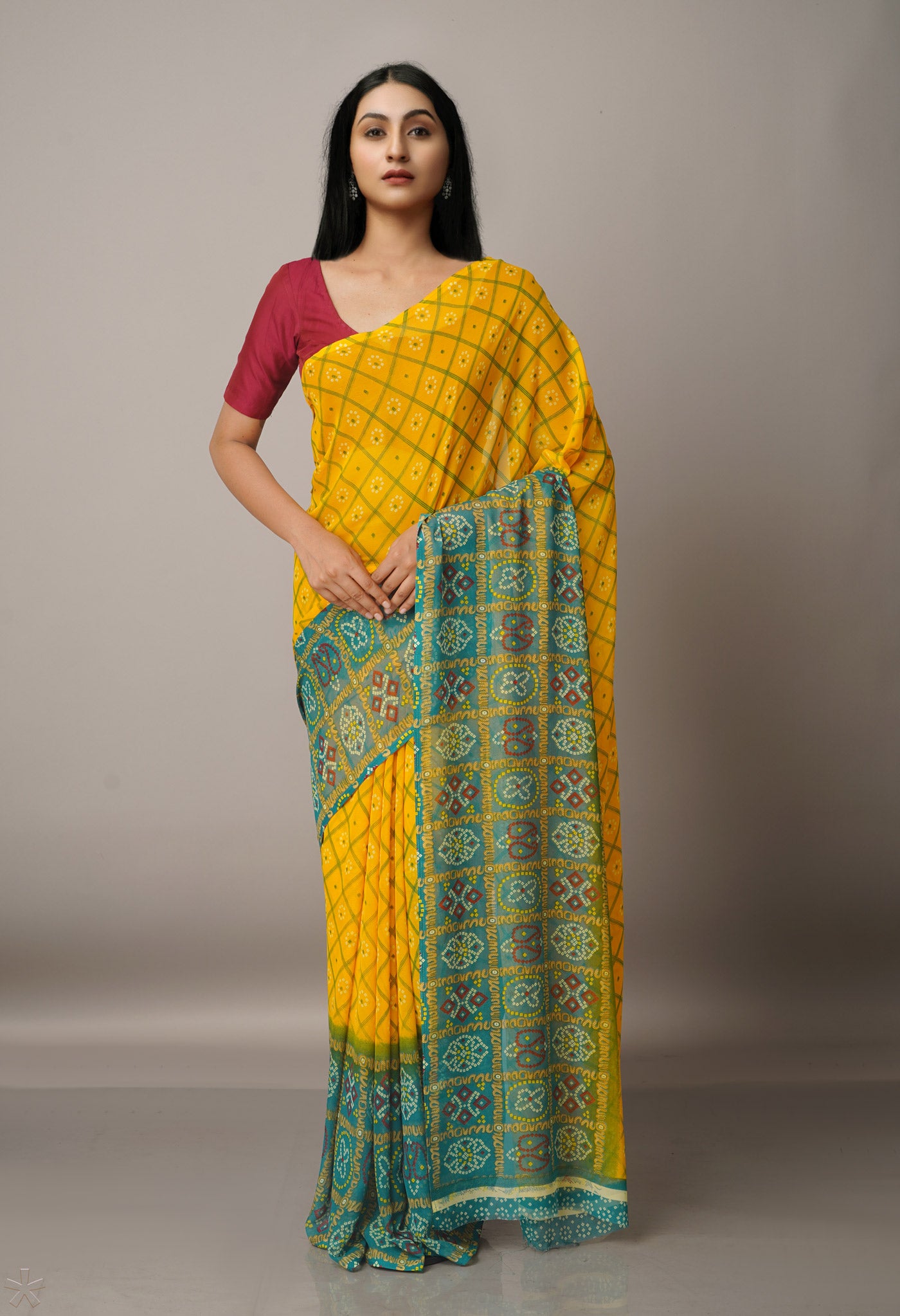 Yellow Fancy Bandhani Printed Georgette Silk Saree-UNM67399