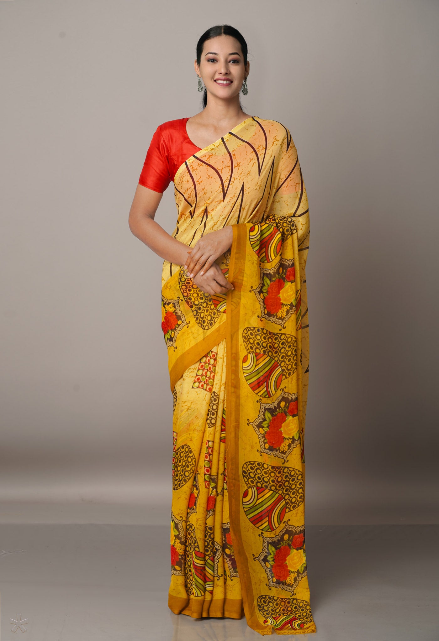 Yellow  Fancy Block Printed Georgette Silk Saree-UNM67426