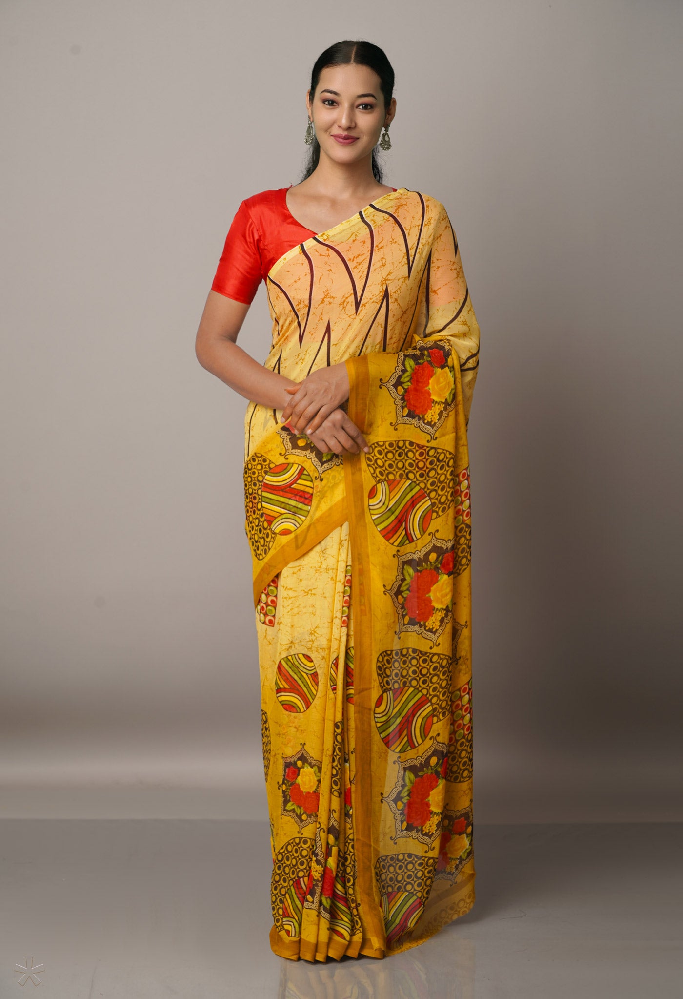 Yellow  Fancy Block Printed Georgette Silk Saree-UNM67437