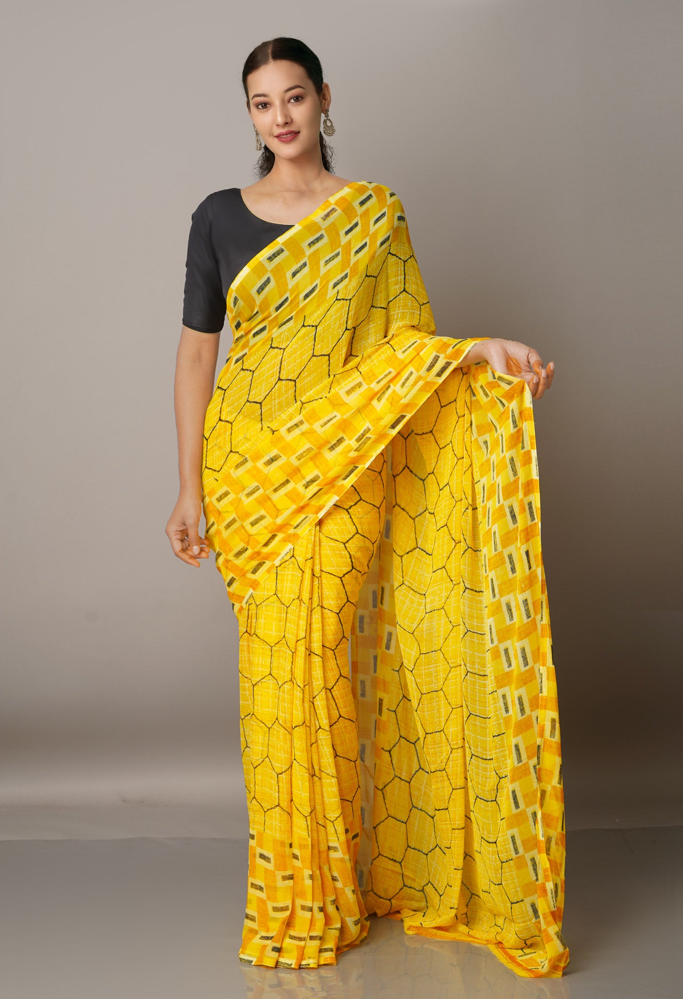 Yellow  Fancy Block Printed Georgette Silk Saree-UNM67439