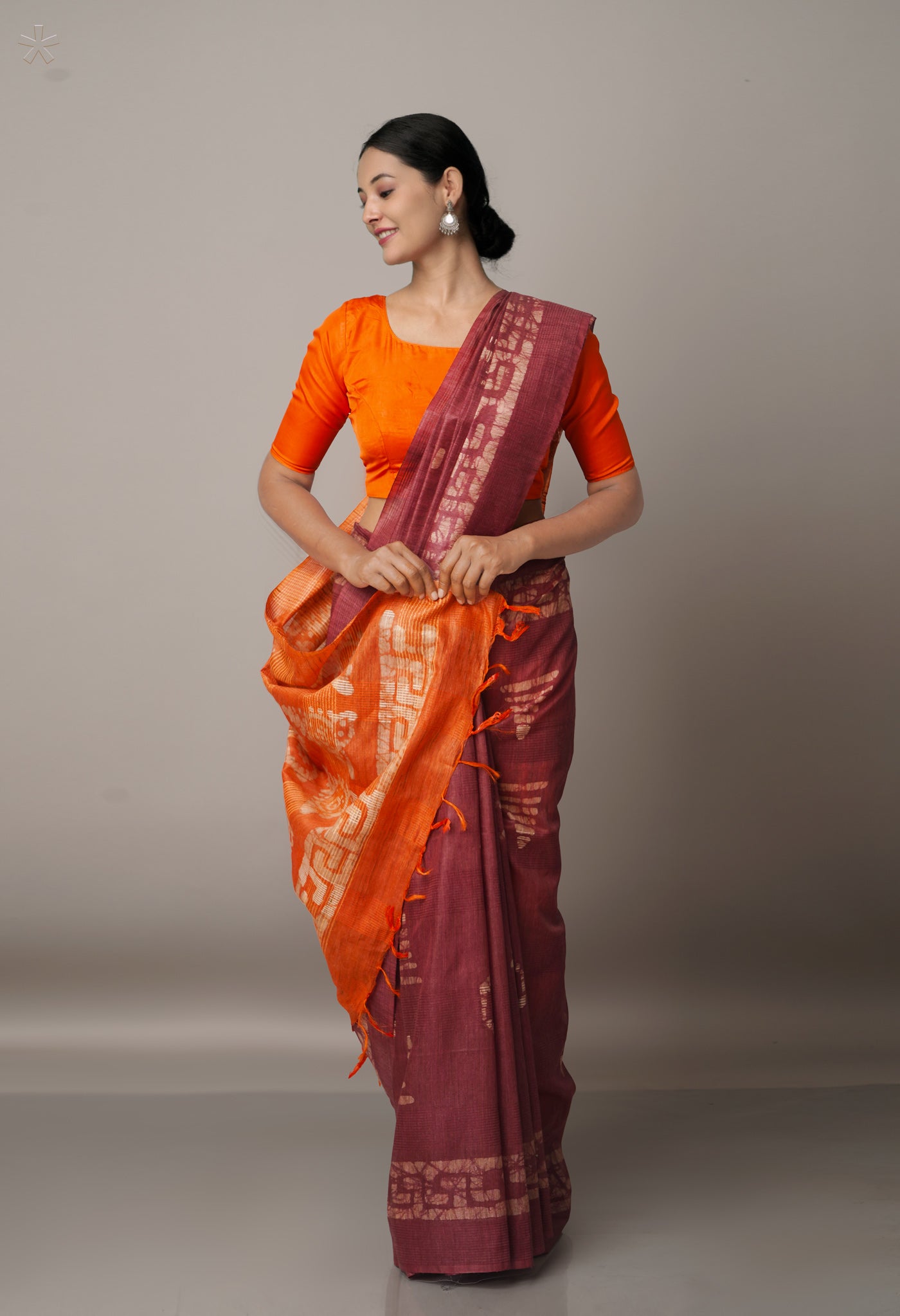 Burgundy Red-Orange Pure Batik Bhagalpuri Sico Saree-UNM67561