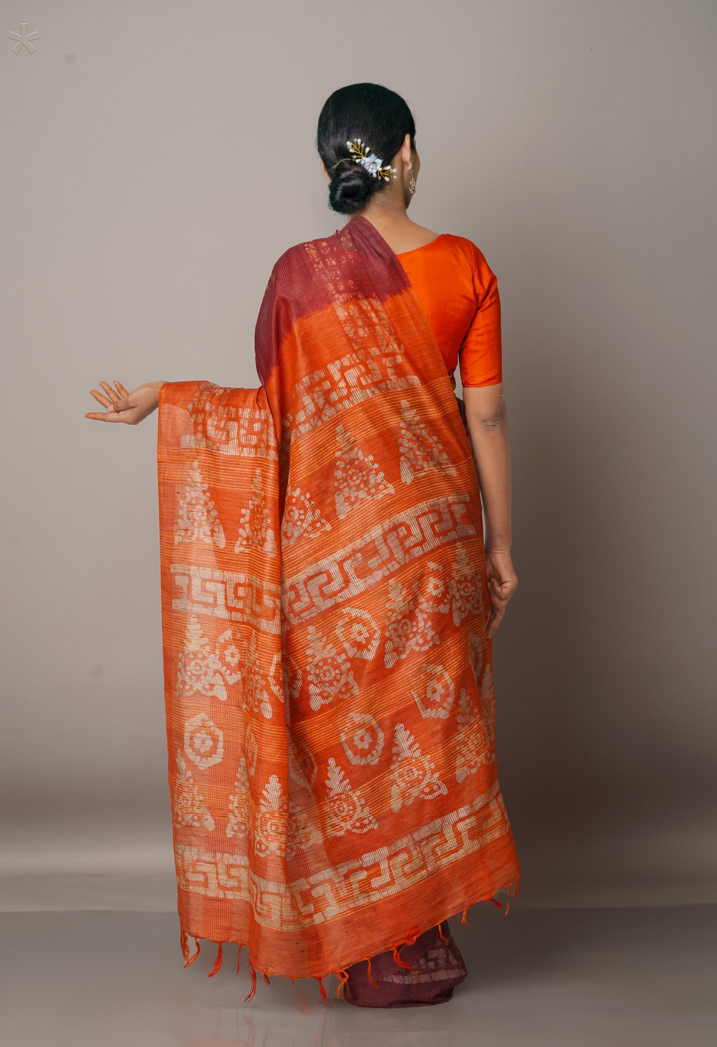 Burgundy Red-Orange Pure Batik Bhagalpuri Sico Saree-UNM67561