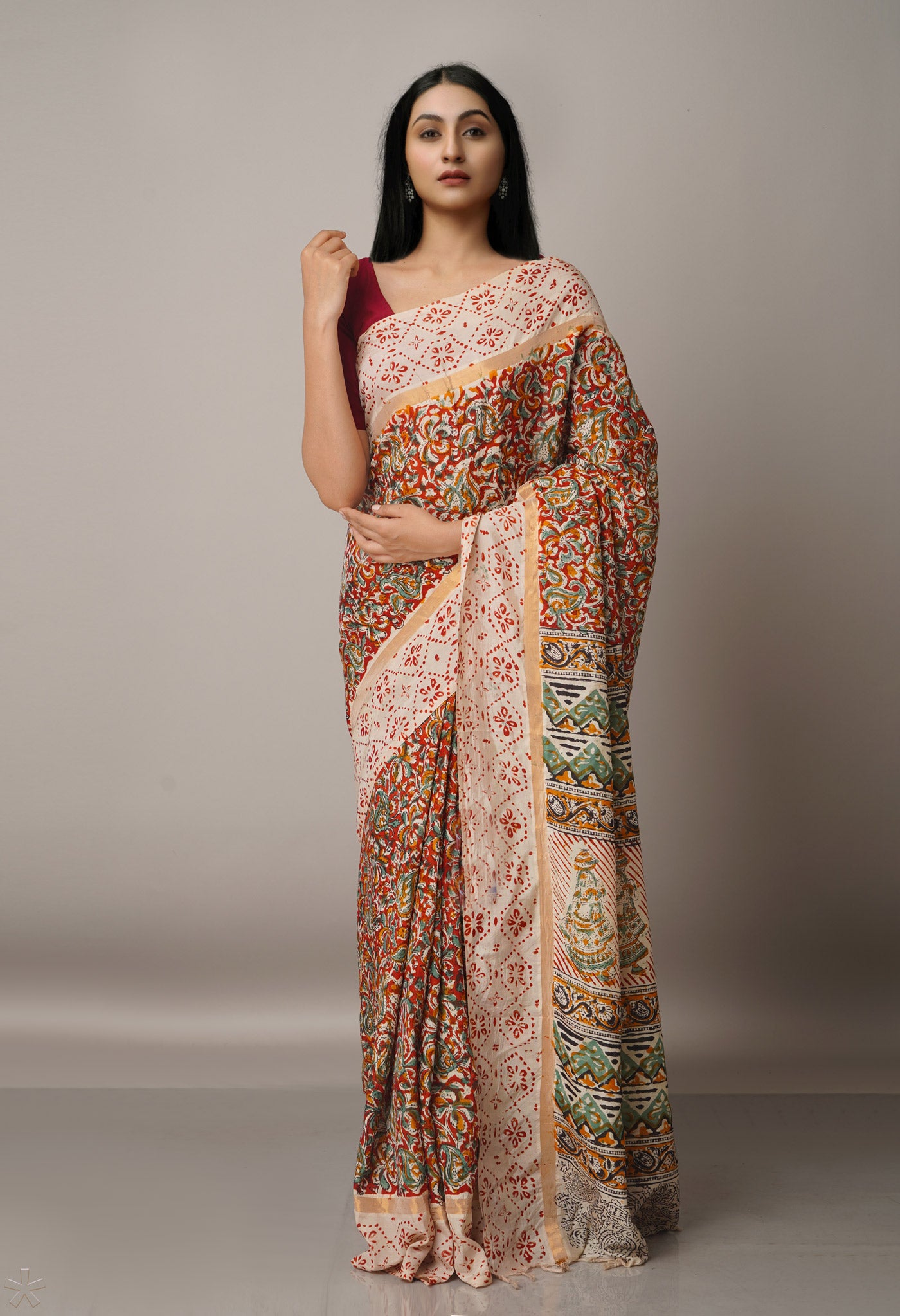 Multi Pure Kalamkari Block Printed Silk Saree-UNM67698