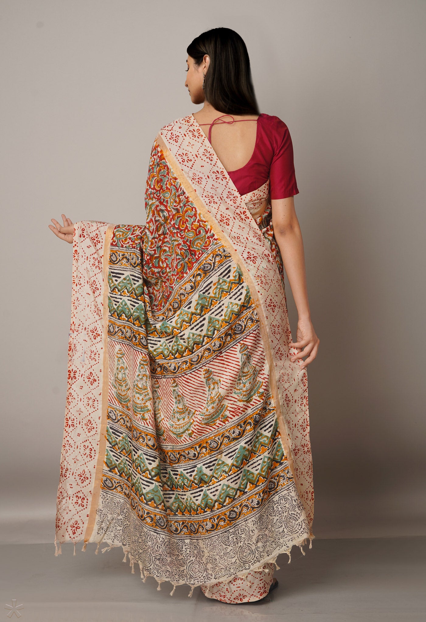 Multi Pure Kalamkari Block Printed Silk Saree-UNM67698