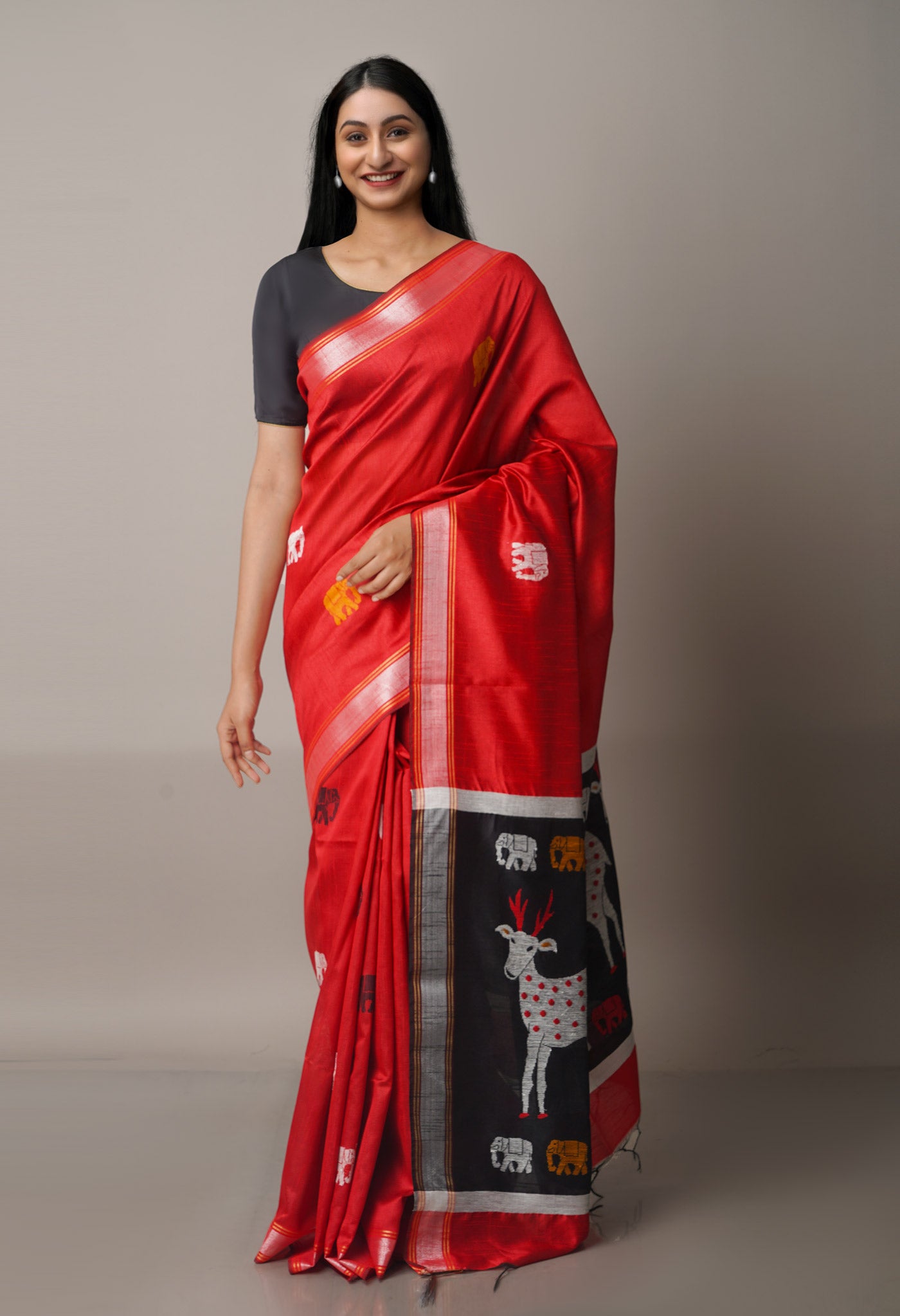 Carmine Red  Dupion Silk Saree-UNM67833