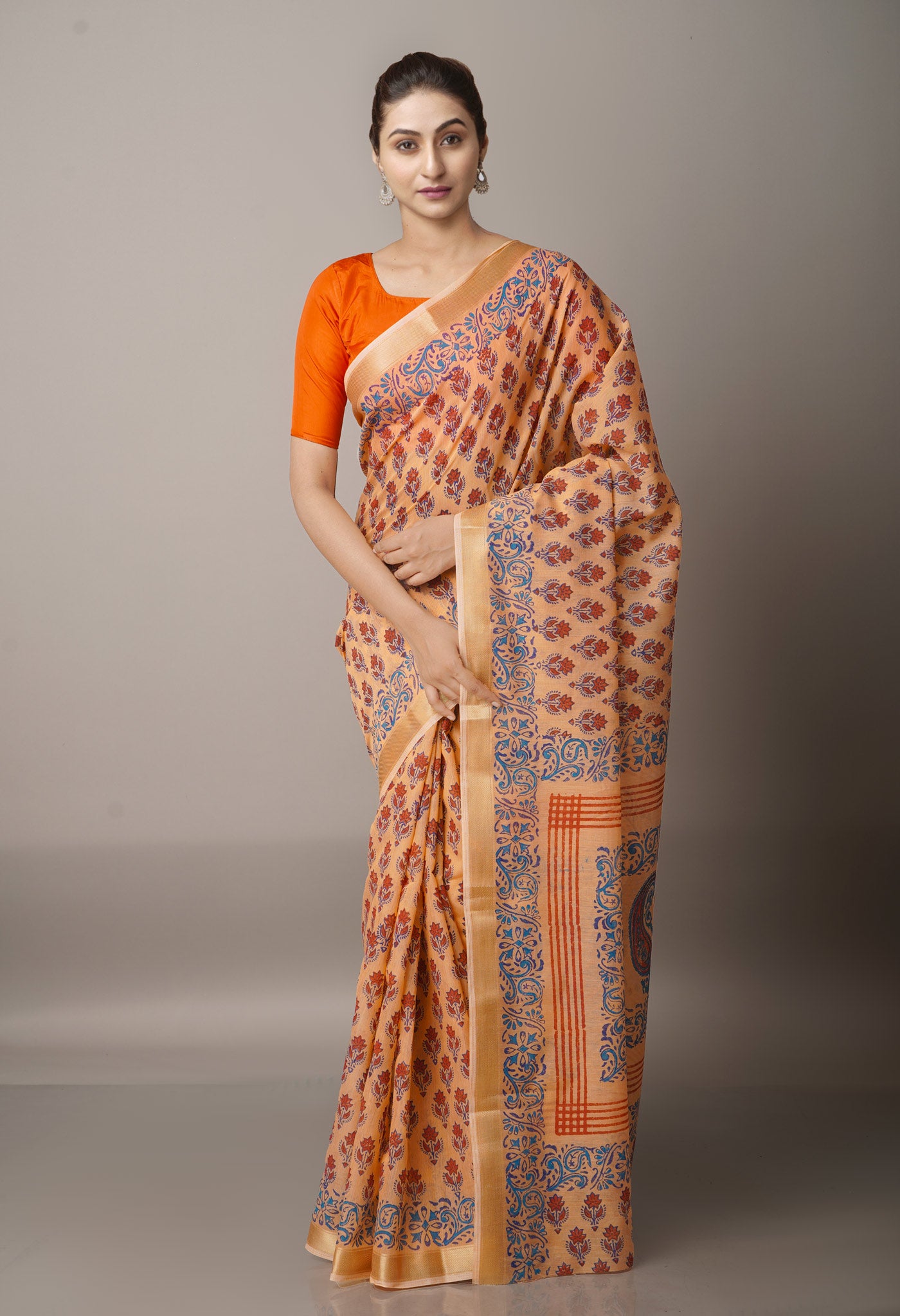 Orange  Block Printed Chanderi Sico Saree-UNM68076