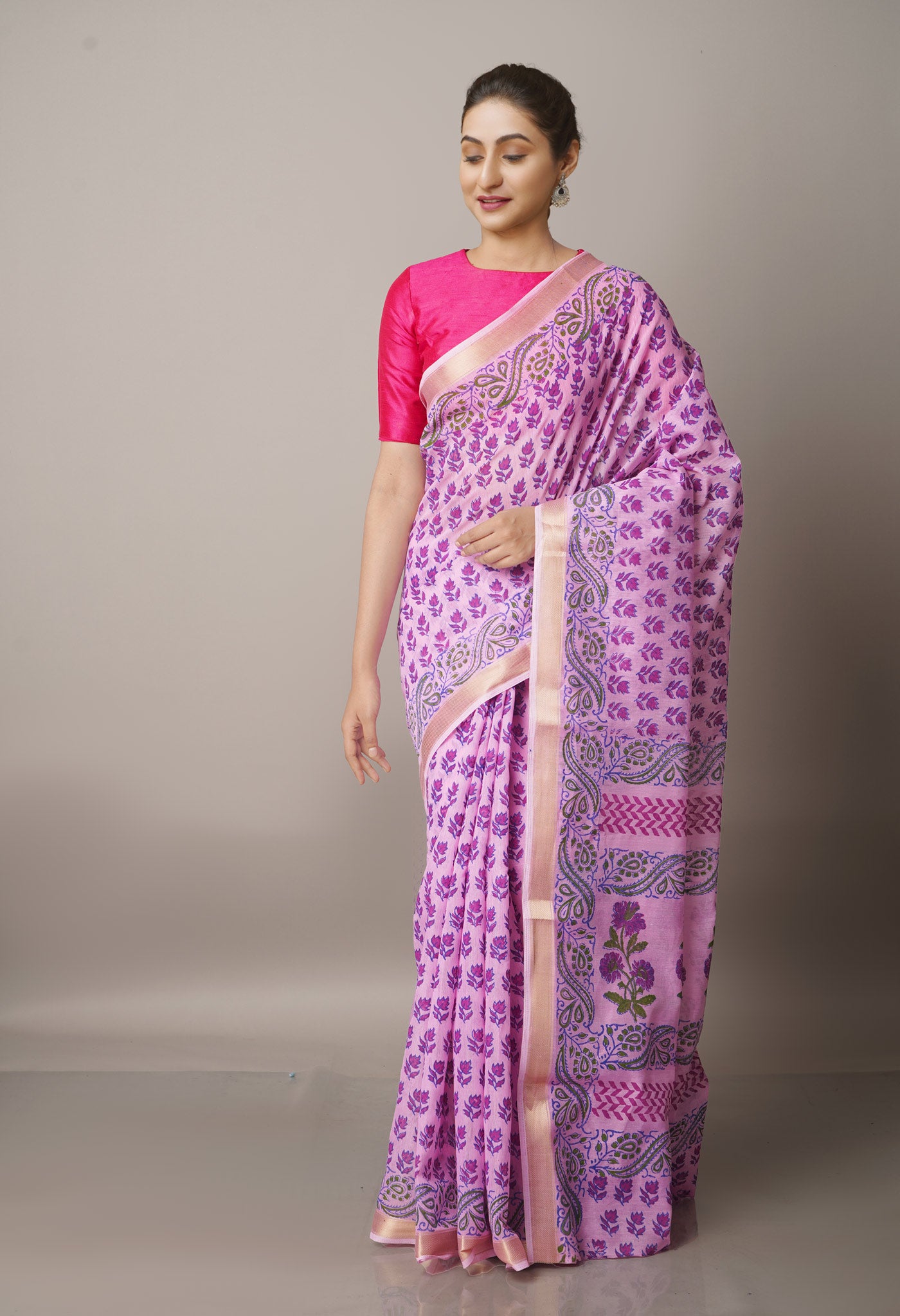 Pink  Block Printed Chanderi Sico Saree-UNM68078