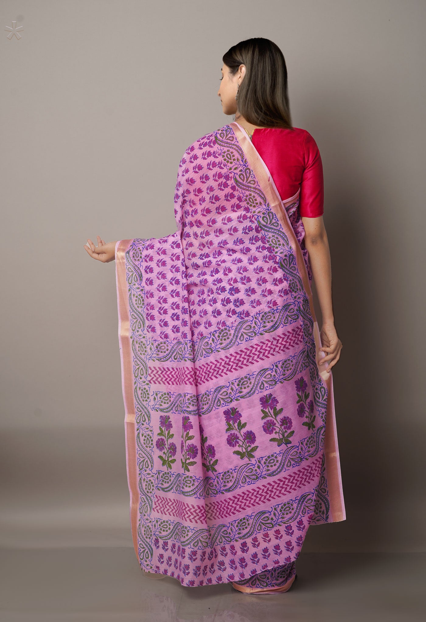 Pink  Block Printed Chanderi Sico Saree-UNM68078