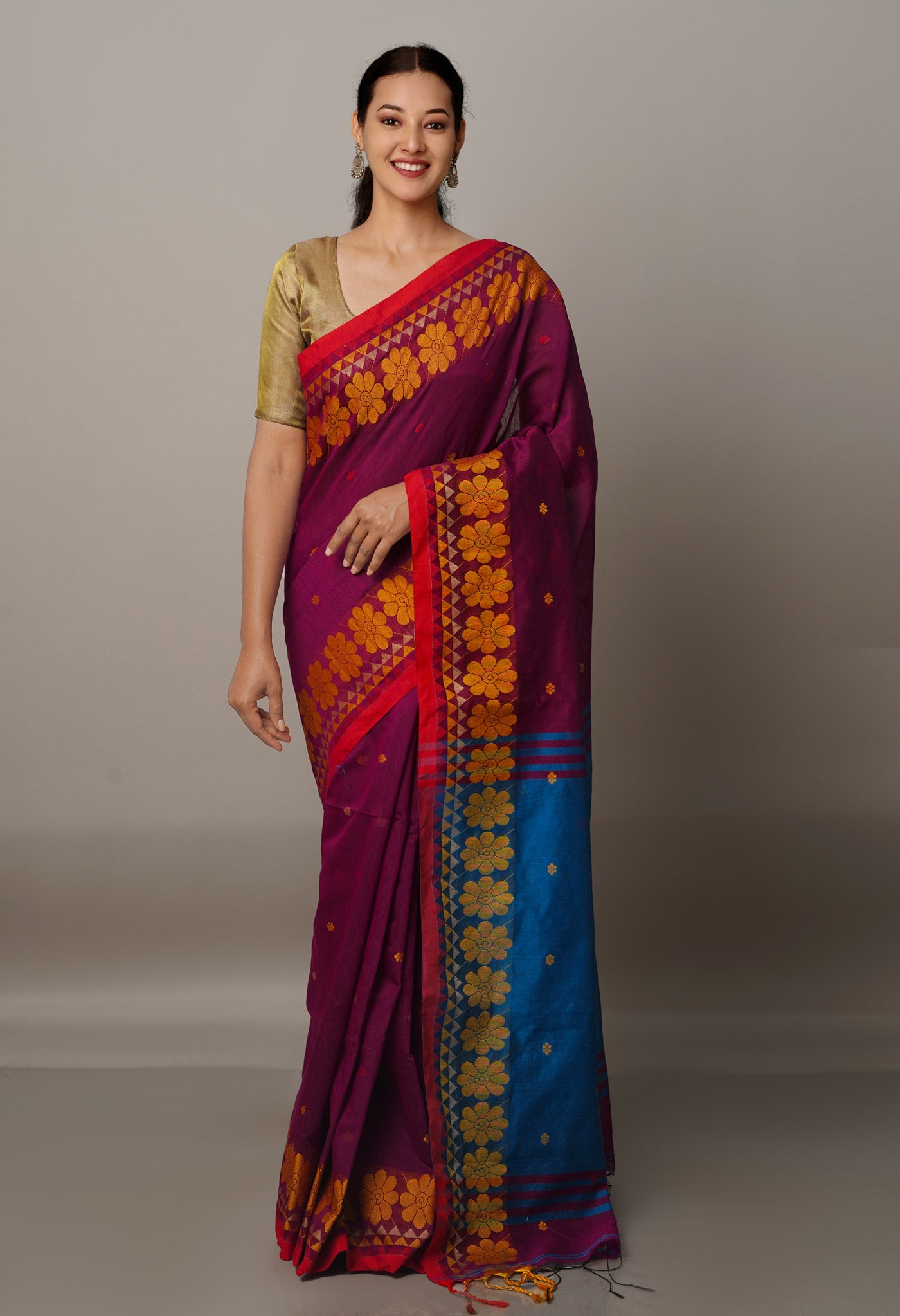 Purple Handloom Jamdhani Bengal Sico Saree-UNM68160