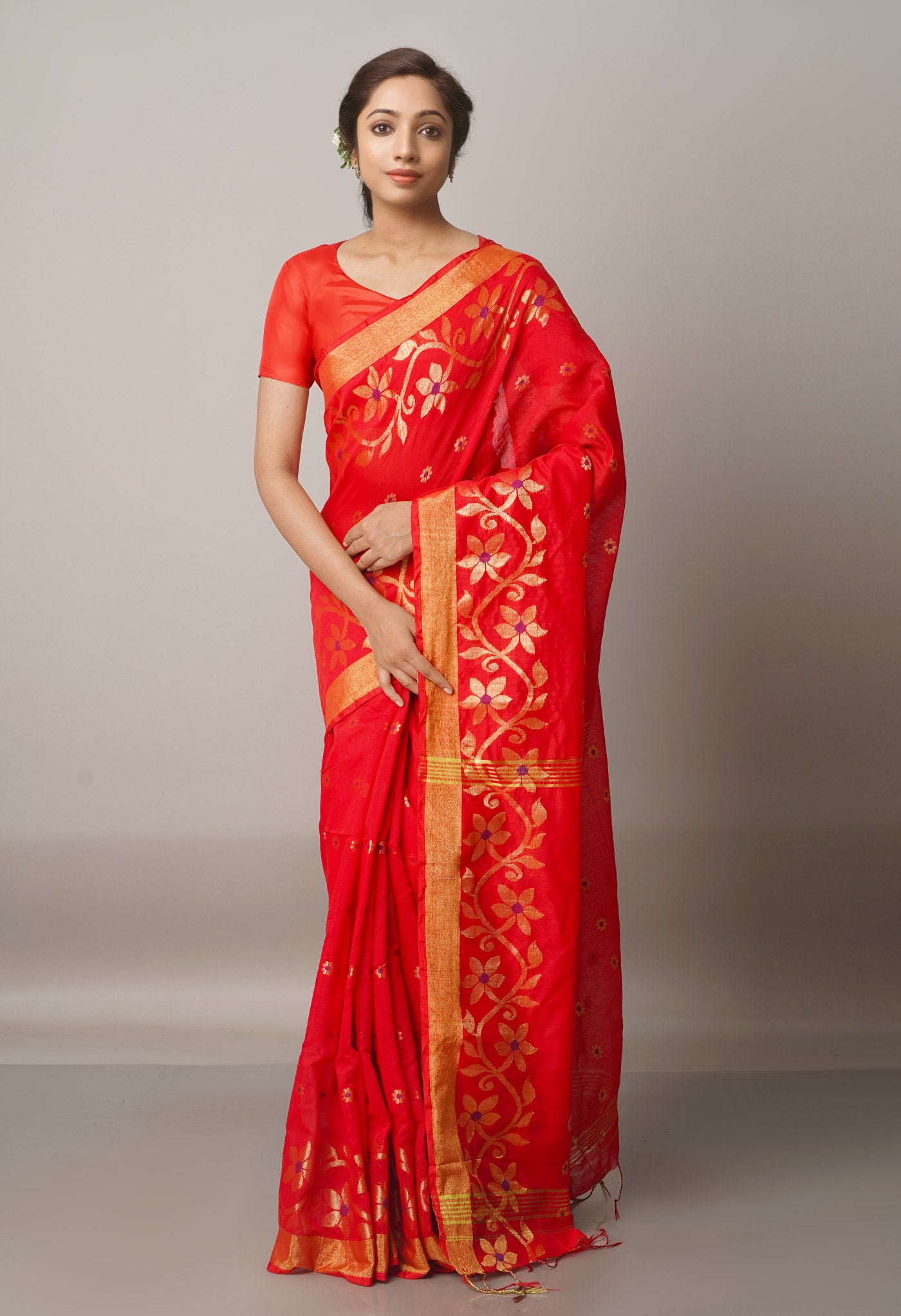 Red Handloom Jamdhani Bengal Sico Saree-UNM68176