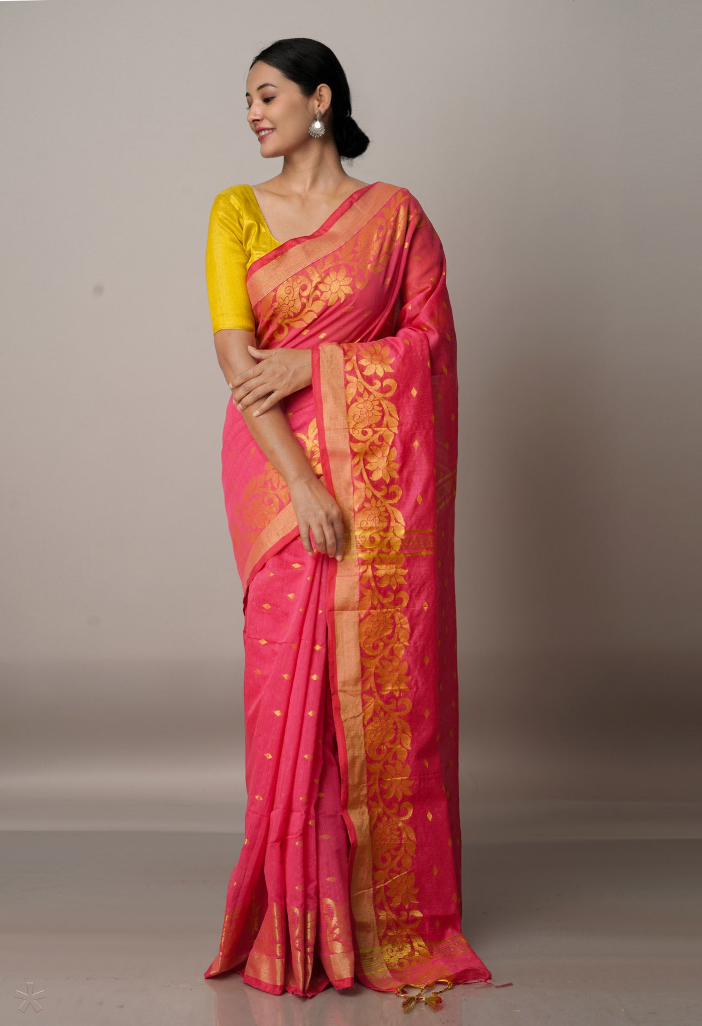 Pink Handloom Jamdhani Bengal Sico Saree-UNM68188