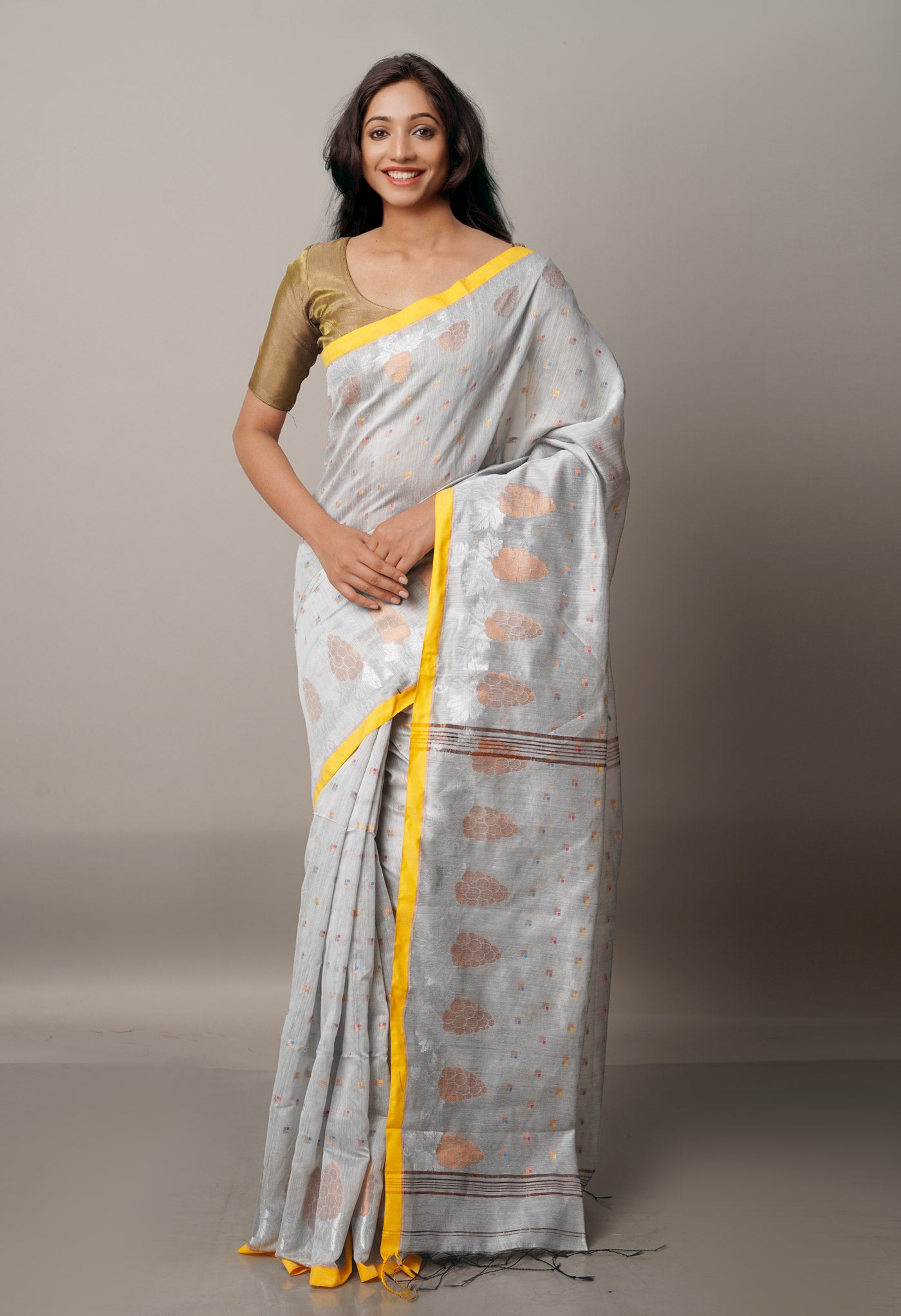 Light Grey Handloom Jamdhani Bengal Sico Saree-UNM68200