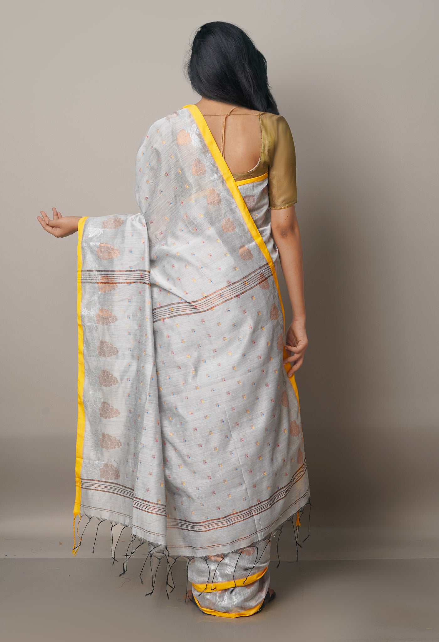 Light Grey Handloom Jamdhani Bengal Sico Saree-UNM68200